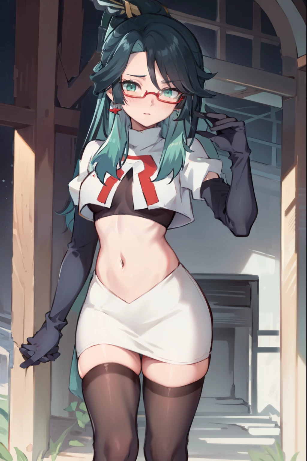 2d, masterpiece, best quality, anime, highly detailed face, perfect lighting, long hair, ponytail, multicolored hair, black hair, bangs, glasses, semi-rimless eyewear, earrings, green hair, hair ornament, jewelry, red-framed eyewear, green eyes, team rocket,team rocket uniform,white skirt,red letter R,crop top,black thigh-highs,black elbow gloves, embarrassed, blush