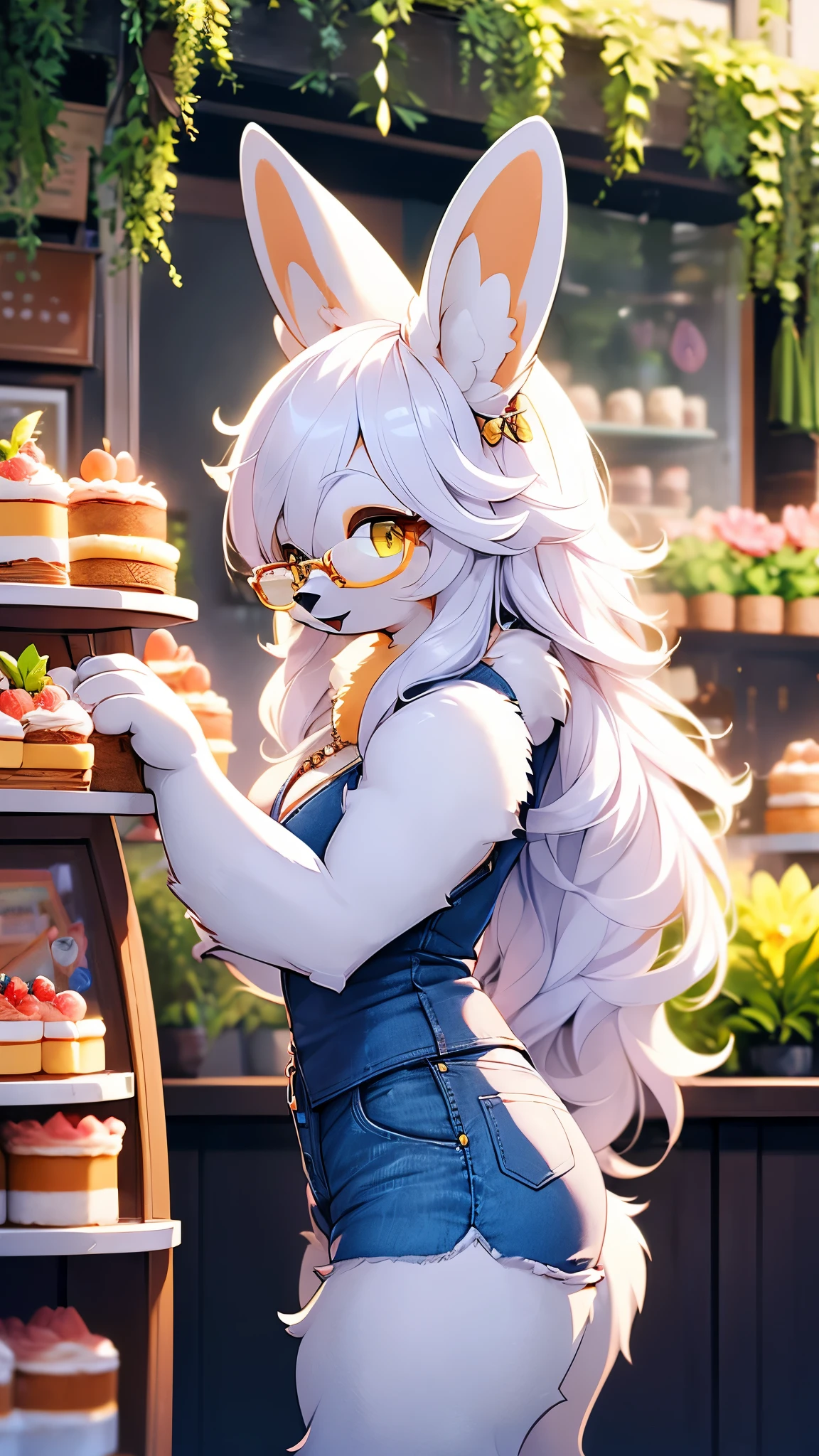 (fluffy anthro furry: 1.6),rabbit girl,female furry,yellow long hair,rabbit ears,glasses,necklace,flora hairpin,arm brecelet,looking at viewer,smile,open mouth,denim shorts,white camisole,show cleaveage,cake shop,side view