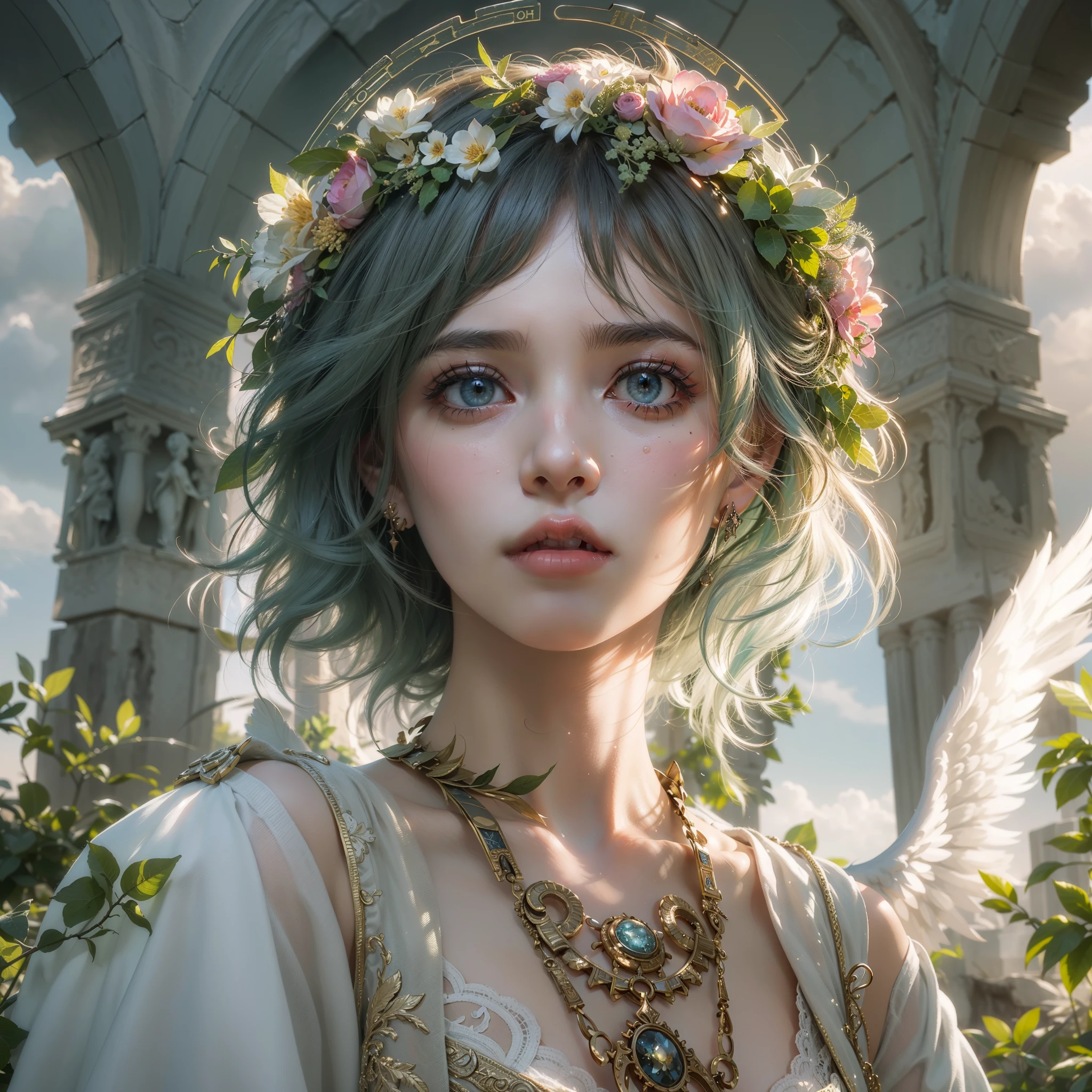 ((Too much skin exposure: 1.8))、(award-winning masterpieces galore, incredibly detailed, textured and maximally detailed), (hyper realistic:1.4), (realistic:1.3), (top quality realistic textured skin), (dense perfect circle symmetrically beautifully rendered eyes), (angelic light Circle of Divine Radiance Overhead: 1.8), ((Medieval World)), (Black Angel of the Lord or White Angel of the Lord: 1.6), (Full Length Standing Image: 1.8), (Beautiful Kind Eyes), (Loving Beautiful Colored Eyes), (Magnificent Cloud Masses and Sky), (Halo Optical Phenomenon: 1.3), (Dramatic light), (majestic scene), (so beautiful in its expression of serenity and tenderness), ((big old wings with pure white feathers behind shoulders)), flower earrings on ears, (((dramatic photo))), (twilight), (sunset), (dusk), ((sacred pose)), (Green hair), (chestnut hair ), flower garden, (elaborately crafted necklace around her neck), old ruins infested with plants, great temple, cathedral, ruins of temple, temple away from temple, (glowing magic circle), ruins of ancient castle, deserted ruins, crumbling ruins, ancient ruins with clear water, holy light, epic realistic, ((neutral color )), (HDR:1.5), (subdued colors:1.2), highly detailed, cinematic, warm light, dramatic light, (complex details:1.1), complex background, petals, pastel colors