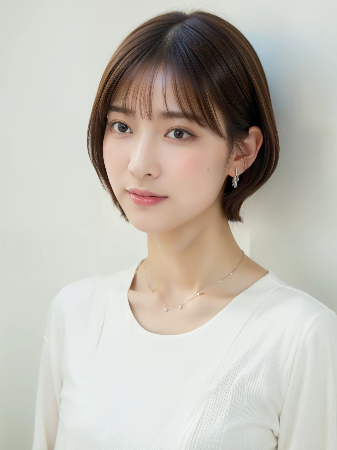 (highest quality、8K、32K、masterpiece、nffsw:1.2)、Taken in front of a white wall、Don't look at the camera、Photos of Japan women、shortcut、short hair、very short hair、Upper body、surface focus、simple necklace、simple background、From above、looking at the viewer、mix 4、(8K、Raw photo、highest quality、masterpiece:1.2)、(realistic、Photoreal:1.37)、1 girl、professional lighting、photon mapping、Physically based rendering、excellent image quality、High resolution、1080P、(clean face)、(Detailed facial description)、(detailed description of hands)、(Masseter muscle part)、(Detailed CG)、 masterpiece、rich details、(exquisite features)、(best image quality)、(masterpiece)、(detailed eye)、delicate clavicle、Versatile poses、profile、simple necklace、((Long sleeve dresses))