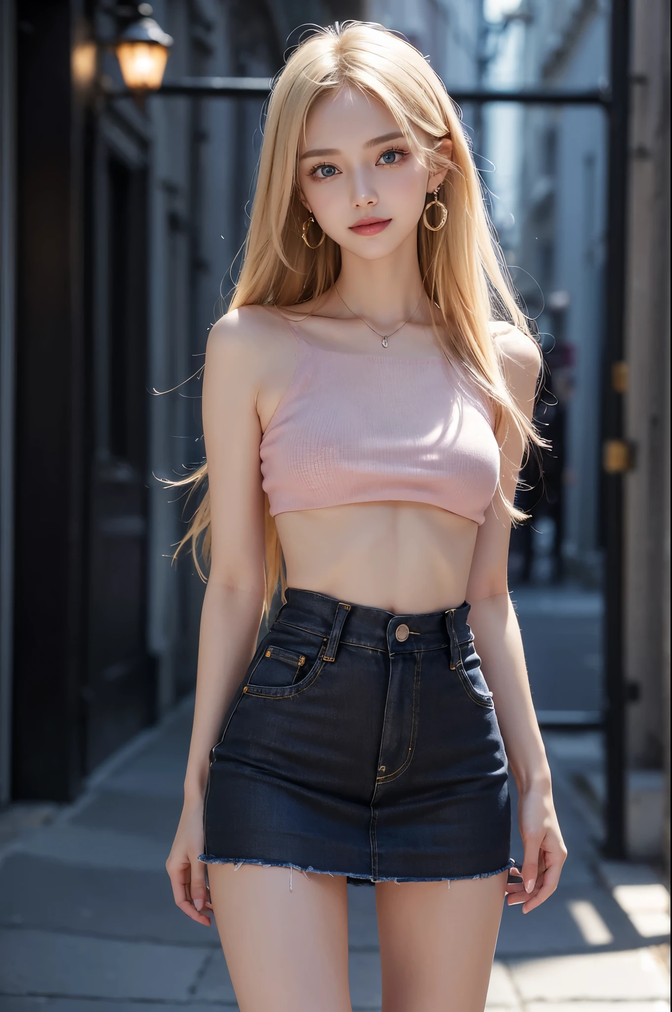 8K, masterpiece, Raw foto, Best Quality, Photorealistic, Wallpapers with extreme details CG Unity 8K, depth of fields, Cinematic Light, lens flare, Ray tracing, (Extremely beautiful face, Beautiful lips, beautiful eyes), intricate detail face, ((Ultra Detail Skin)) 1girl in, (charming Russian model Nata Lee), (charming Russian model Nata Lee), (charming Russian model Nata Lee), (charming Russian model Nata Lee), (charming Russian model Nata Lee),1 girl, (very thin muscular body:1.3), ((look up at viewer)),(huge smile:1.3), (blurred background), A glimmer of light), (No people in the background.:1.3), Beautiful earrings, Clear eyes, Front shot, (pale-skinned), (Big eyes), (Big eyes) (Big eyes), (Big eyes), (Big eyes), Facing forward, (Full body shot), (light blonde hair), Open the navel............, (look up at viewer:1.3), Very slim, a slender waist, small hips, , a slender waist, small hips, a slender waist, small hips, a slender waist, small hips, ((wide open abdomen))、((open abdomen))、((wide open navel))、((open navel))、((Bare belly))、((Mid-Riff Pink Sweater))、((Ultra-low rise、Denim Mini Skirt(Black color)))、 ((Navel Ejection))、((small hips))、((long limbs))、((Full body depiction))、((small hip))、(long boots)、((Ultra-low rise))、((Denim Mini Skirt))、((is standing)).