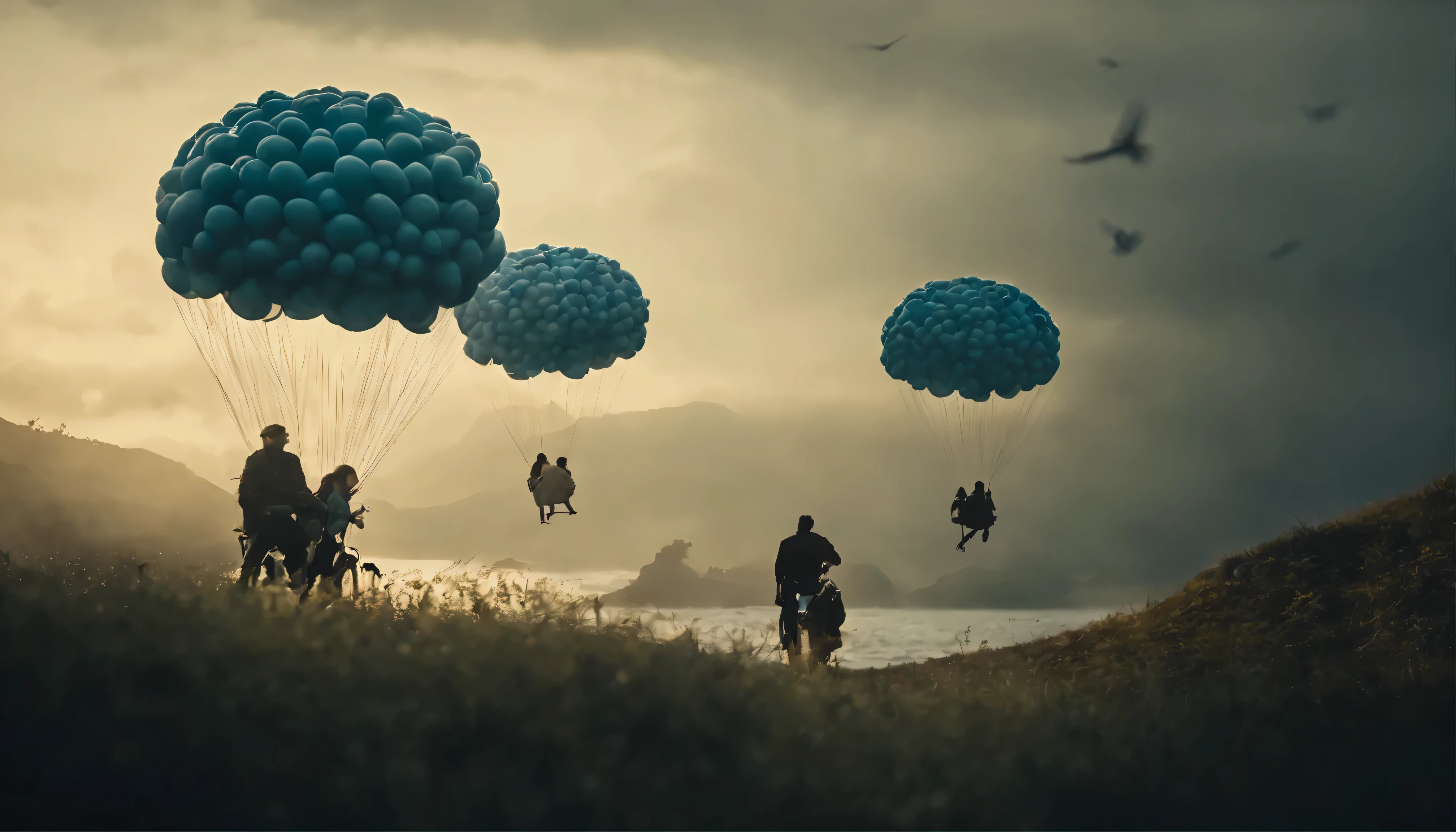 Criaturas surreais, brains floating like a balloon, [[[birds fish]]] azuis
