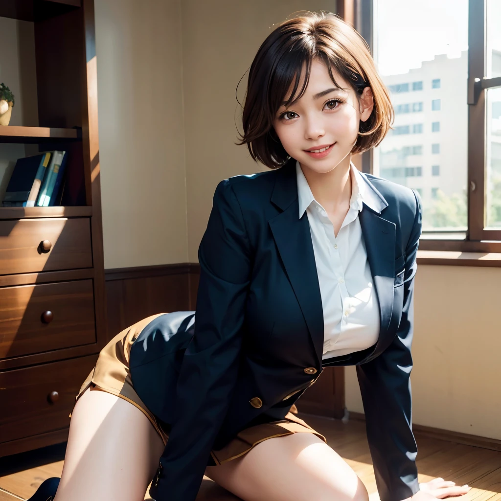 highest quality, ultra high resolution, (realistic:1.4), 1 female, young,sensual, Brown_eye, Short hair, (Brownの髪:1), (huge breasts:1), school uniform, open clothes, girls room, seductive smile, looking at the viewer, knees up, full body shot