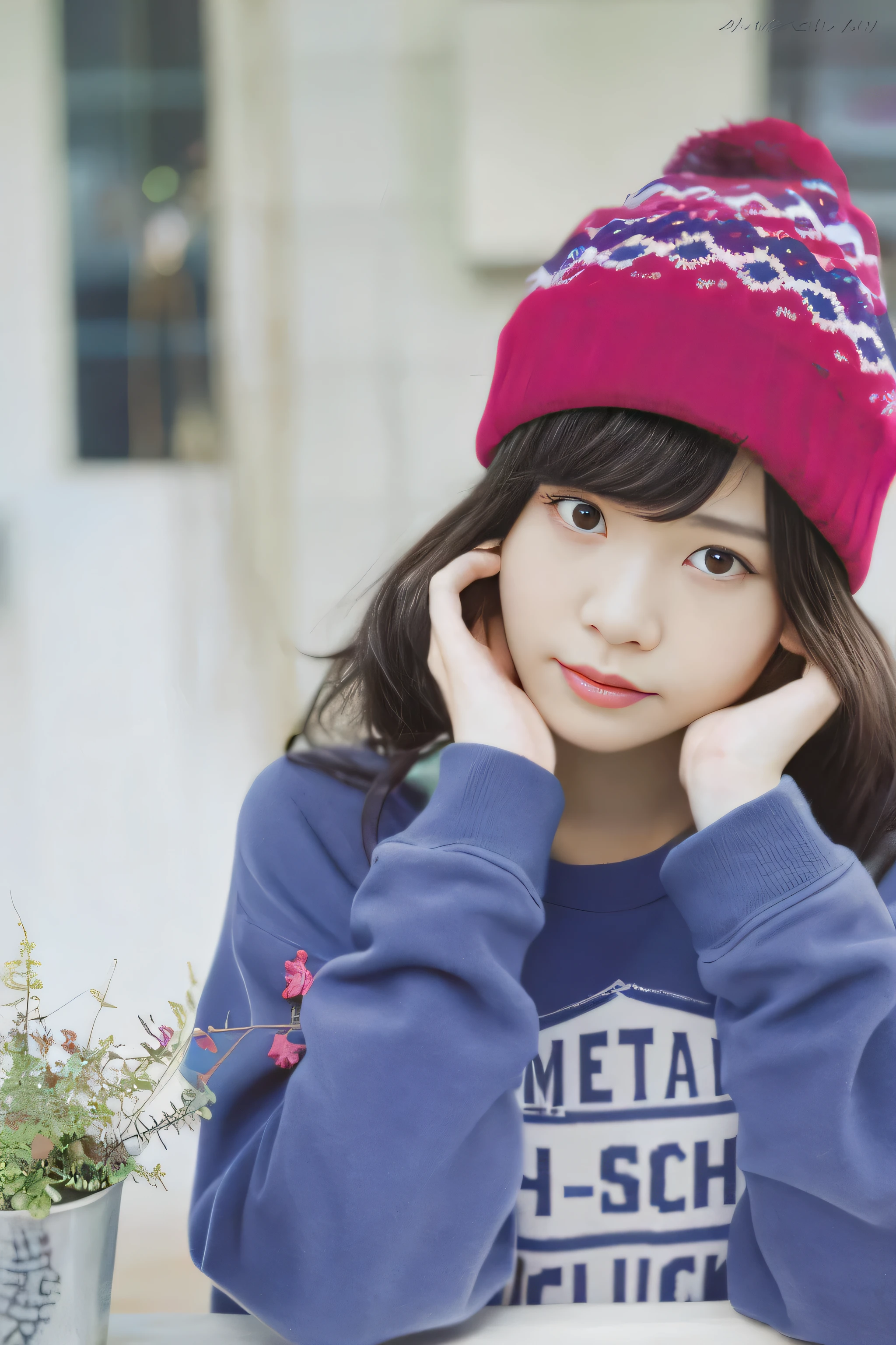 a close up of a person wearing a hat and a sweater, chiho, with cute - fine - face, kimi takemura, shiori teshirogi, mayuri shiina, hana yata, girl cute-fine-face, cute:2, sui ishida with black hair, yukii morita, portrait n - 9