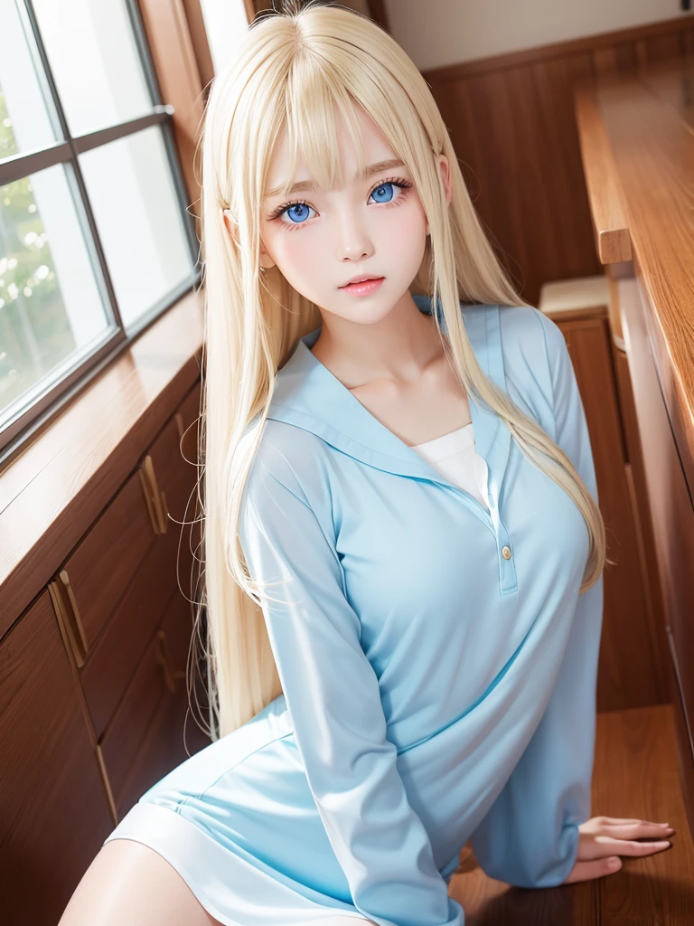 Kigurumi Costume Pajamas、Sexy Big 、A cute 15-year-old girl with a sexy and cute look, beautiful and sexy face、A strong wind blows my hair in front of my face、With straight blonde hair、beautiful, Cute and sexy eyes hidden behind long bangs、Costume pajamas