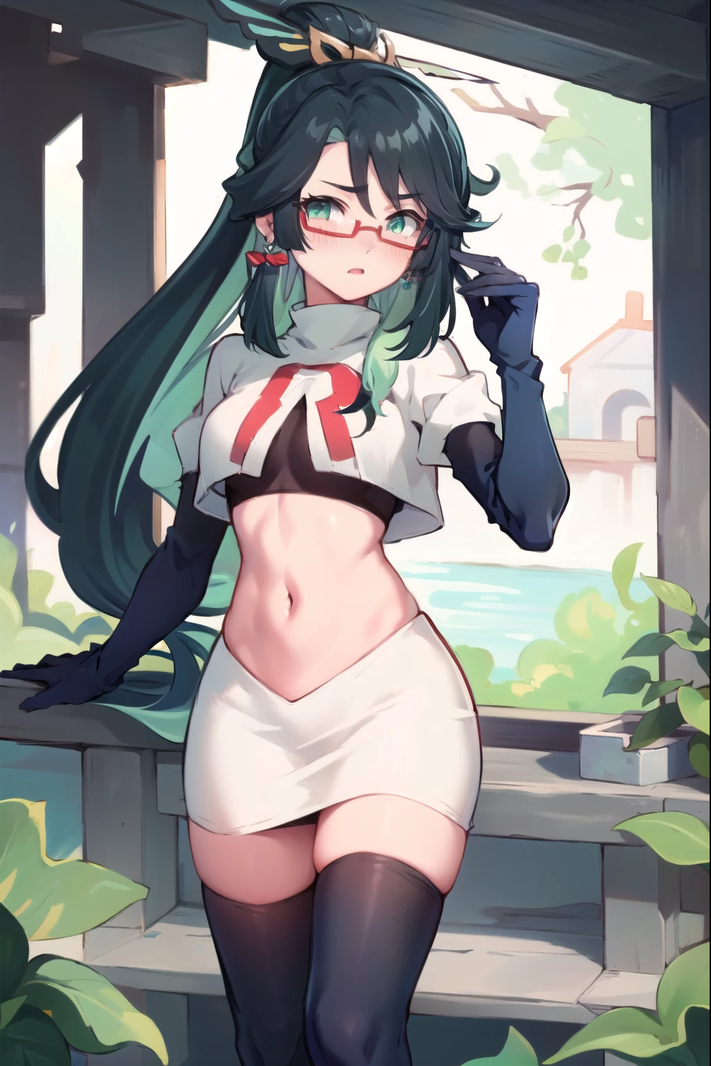 2d, masterpiece, best quality, anime, highly detailed face, perfect lighting, long hair, ponytail, multicolored hair, black hair, bangs, glasses, semi-rimless eyewear, earrings, green hair, hair ornament, jewelry, red-framed eyewear, green eyes, team rocket,team rocket uniform,white skirt,red letter R,crop top,black thigh-highs,black elbow gloves, embarrassed, blush