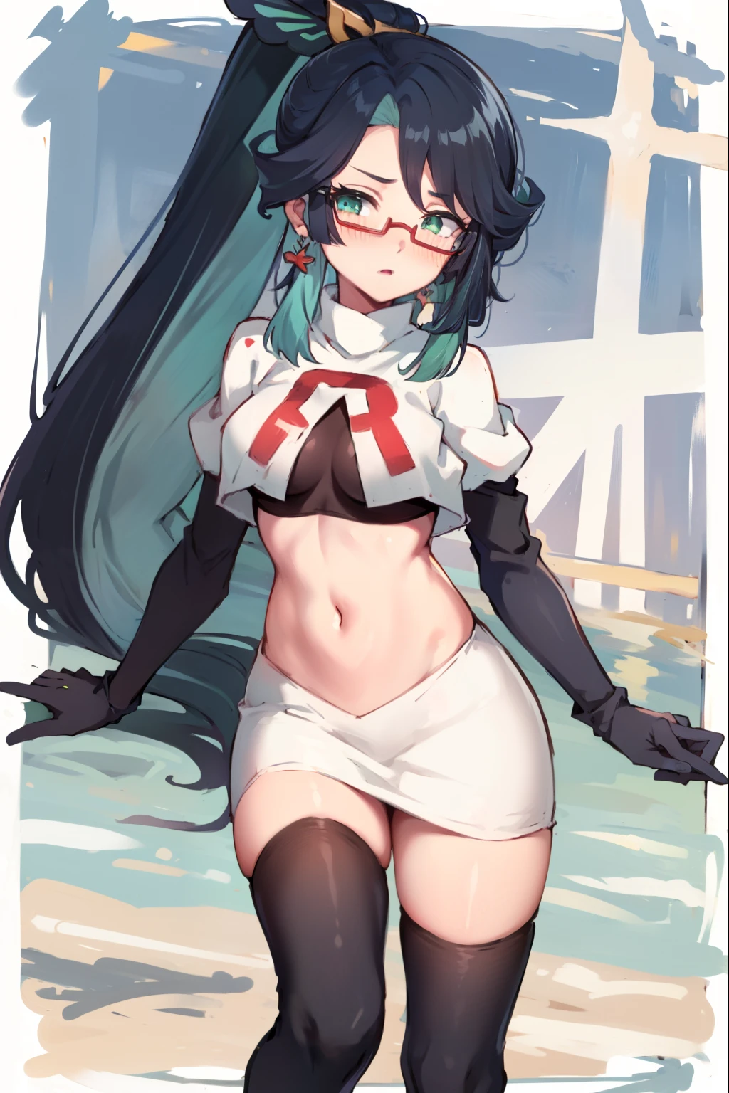 2d, masterpiece, best quality, anime, highly detailed face, perfect lighting, long hair, ponytail, multicolored hair, black hair, bangs, glasses, semi-rimless eyewear, earrings, green hair, hair ornament, jewelry, red-framed eyewear, green eyes, team rocket,team rocket uniform,white skirt,red letter R,crop top,black thigh-highs,black elbow gloves, embarrassed, blush