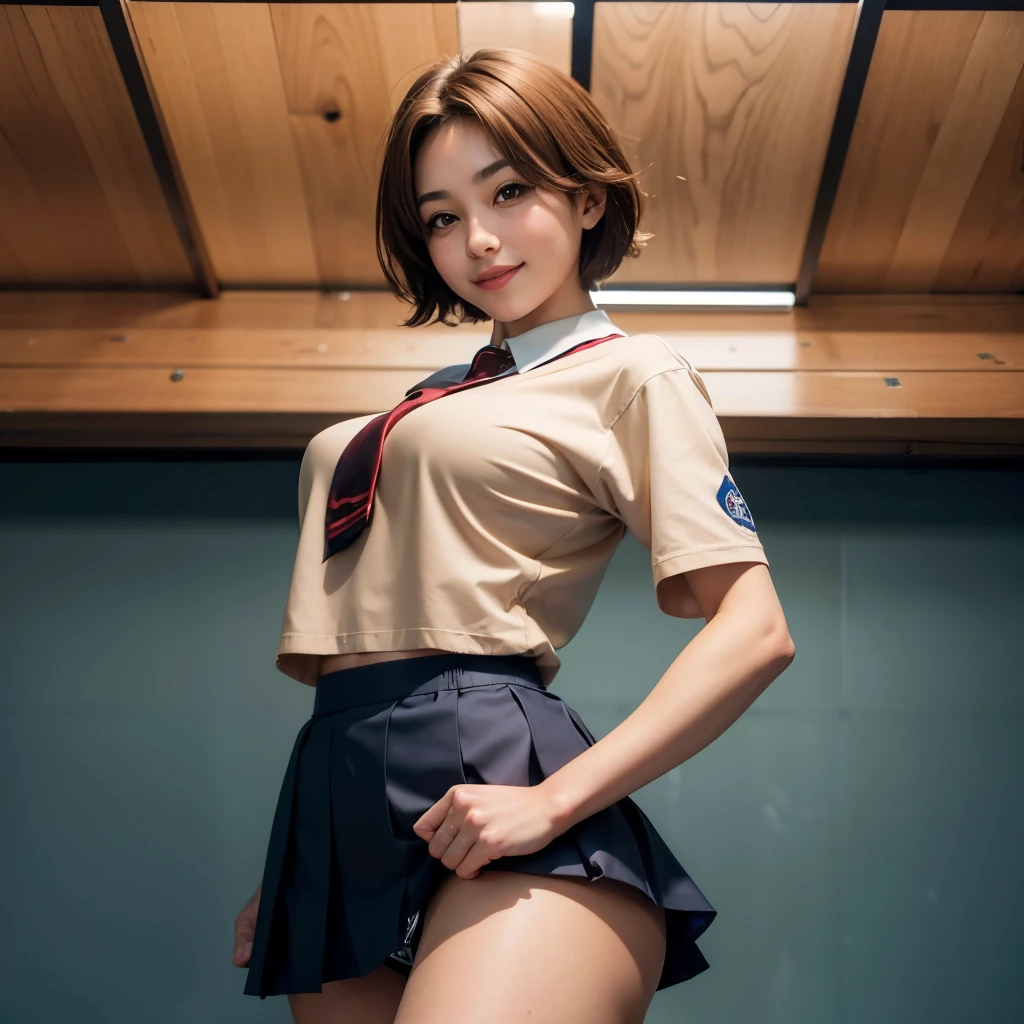 highest quality, ultra high resolution, nsfw, (realistic:1.4), 1 female, young,sensual, Brown_eye, Short hair, (Brownの髪:1), (huge breasts:1), school uniform, micro skirt, tee back panties, sports warehouse, seductive smile, claw pose, from below, back focus