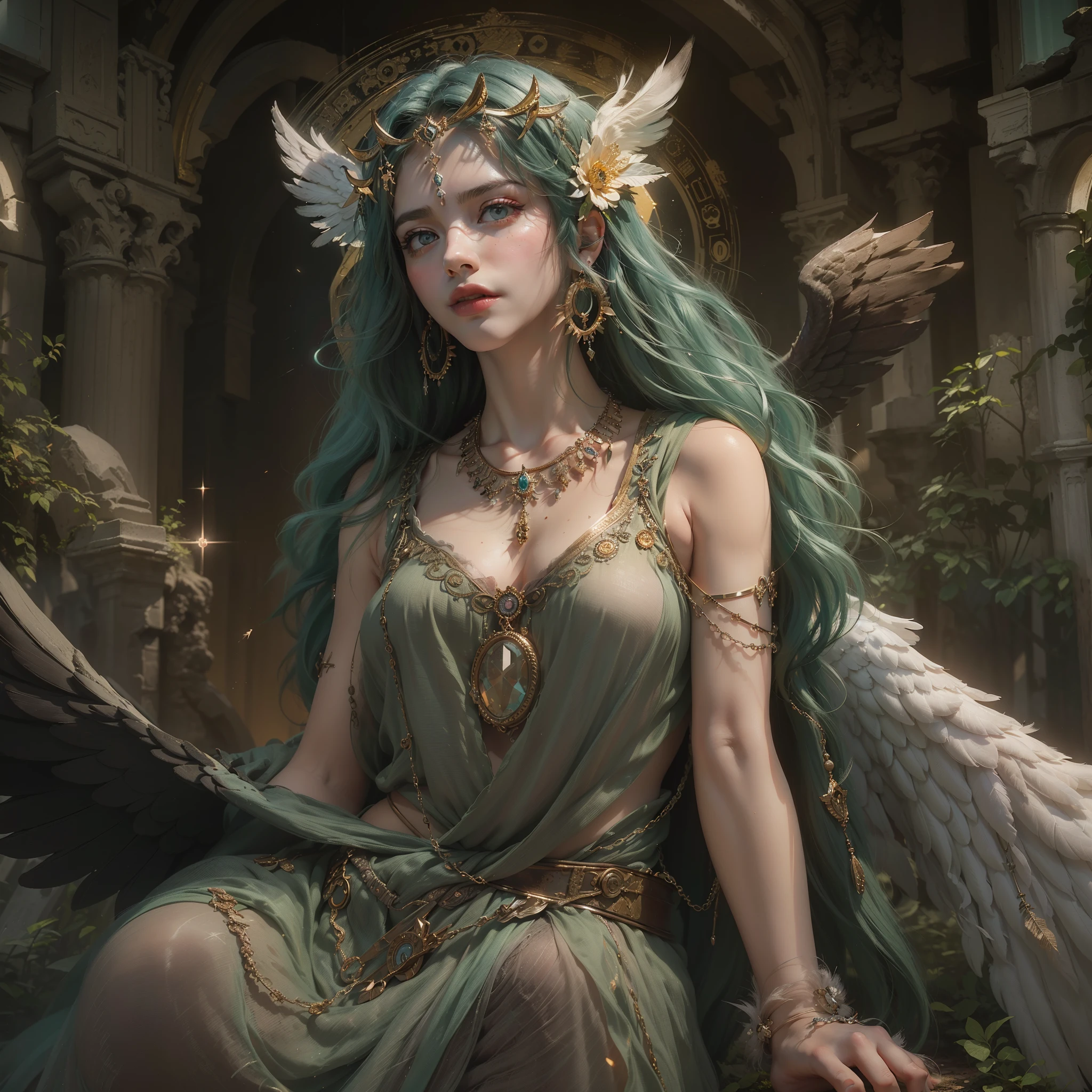 ((too much skin: 1.8)), (award-winning masterpiece galore, incredibly detailed, textured and maximally detailed), (hyper realistic: 1.4), (realistic: 1.3), (top quality realistic textured skin), (dense perfect circles, symmetrically(beautifully rendered eyes), (angelic light divine radiance circle overhead: 1.8), ((medieval world)), (black angel of the lord: 1.6), (full body standing image: 1.8), (beautiful gentle eyes), (love the beautiful color eyes), (magnificent cloud mass and sky), (halo optical phenomenon: 1.3), (dramatic light), (magnificent view), (very beautiful expression of serenity and tenderness), ((big old wings with pitch black feathers behind her shoulders)), flower earrings in her ears, (((dramatic photo))), (twilight), (sunset), (dusk), ((sacred pose)), (green hair), (chestnut hair), flower field, (elaborate necklace around her neck), old ruins infested with plants, great temple, cathedral, ruins of a temple, temple away from temple, (glowing magic circle), ruins of an ancient castle, deserted ruins, crumbling ruins, ancient ruins with clear water, holy light, epic realistic, ((Neutral Color )), (HDR:1.5), (Subdued Color:1.2), Highly Detailed, Cinematic, Warm Light, Dramatic Light, (Complex Detail:1.1), Complex Background, Petals, Pastel Color,