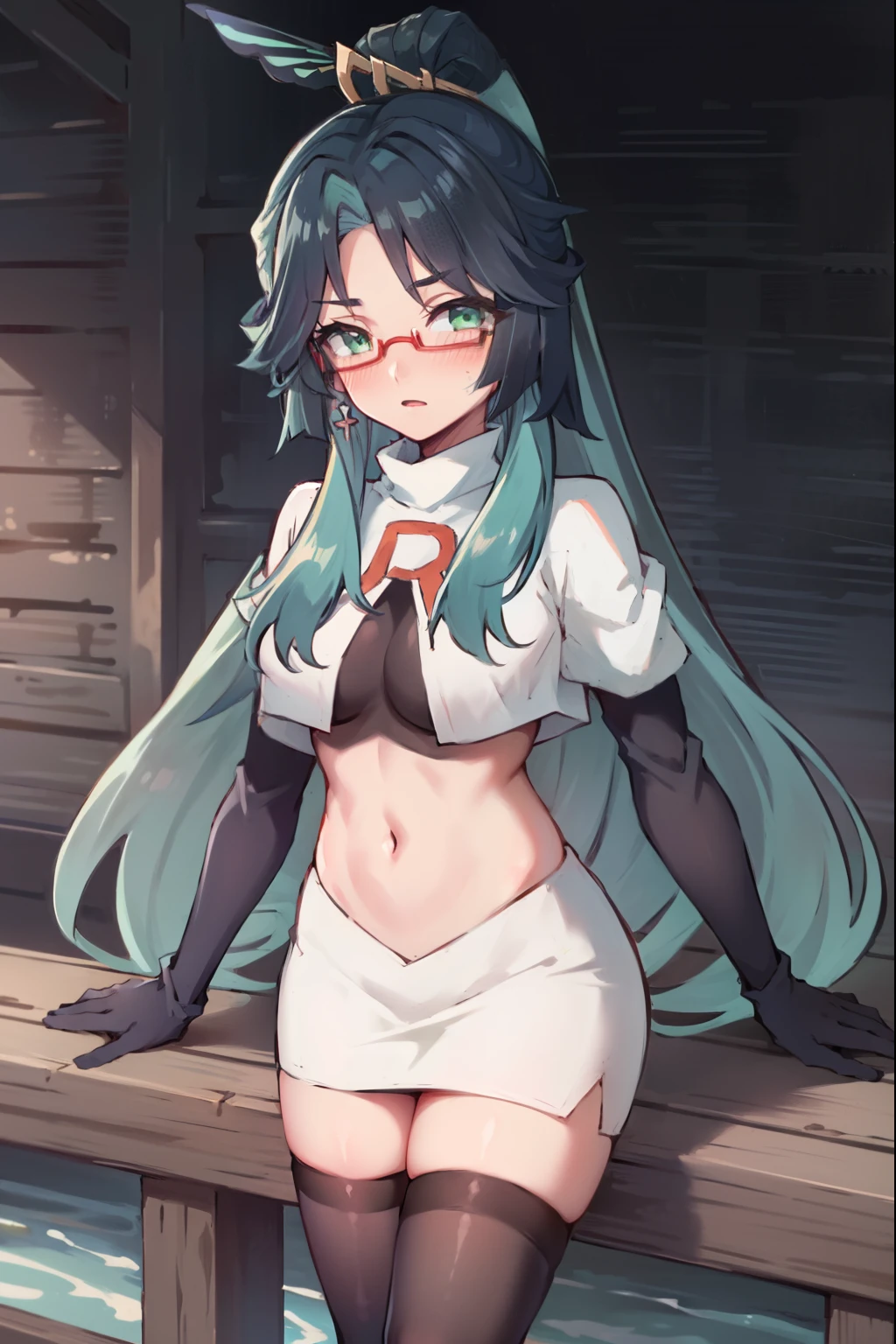 2d, masterpiece, best quality, anime, highly detailed face, perfect lighting, long hair, ponytail, multicolored hair, black hair, bangs, glasses, semi-rimless eyewear, earrings, green hair, hair ornament, jewelry, red-framed eyewear, green eyes, team rocket,team rocket uniform,white skirt,red letter R,crop top,black thigh-high boots,black elbow gloves, embarrassed, blush