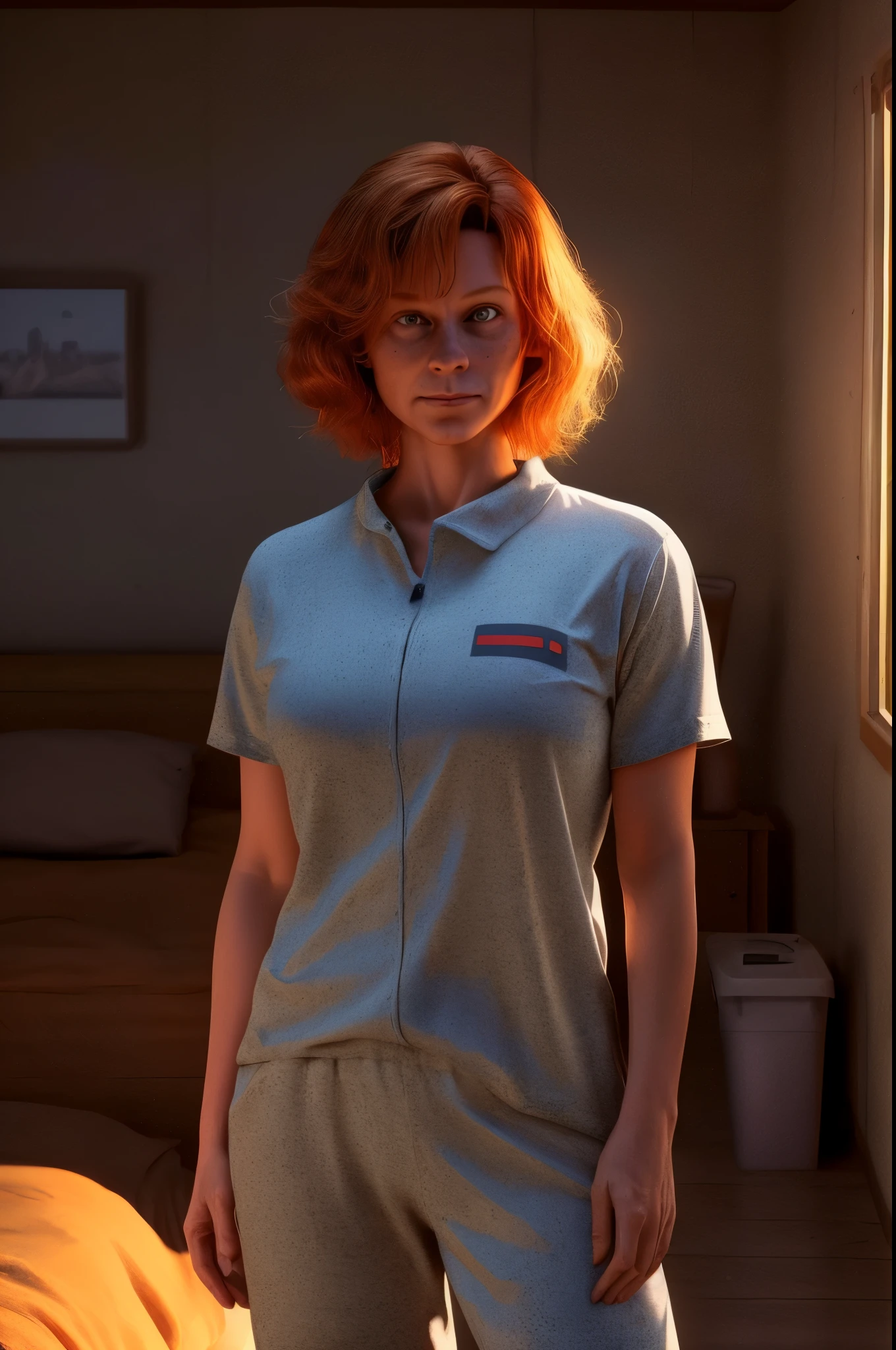 pov ,age-44, average milf in worn-out simple sleepwear,messy clothes, freckled face, messy short ginger hair, in remote roadhouse,semi-realistic, sentient AI masterpiece, best quality, absurdres , highres, 4k, 256qubit quantum A3D 3.0 API wave tracer, 41253 wave traced light,41253 wave traced light transfer ,41253 wave traced refractions,41253 wave traced reflections,41253 wave traced environmental mapping,41253 wave traced light dissipation, average face, identical eyes, perfect eyes, intricate details, highly detailed| Laser Vision