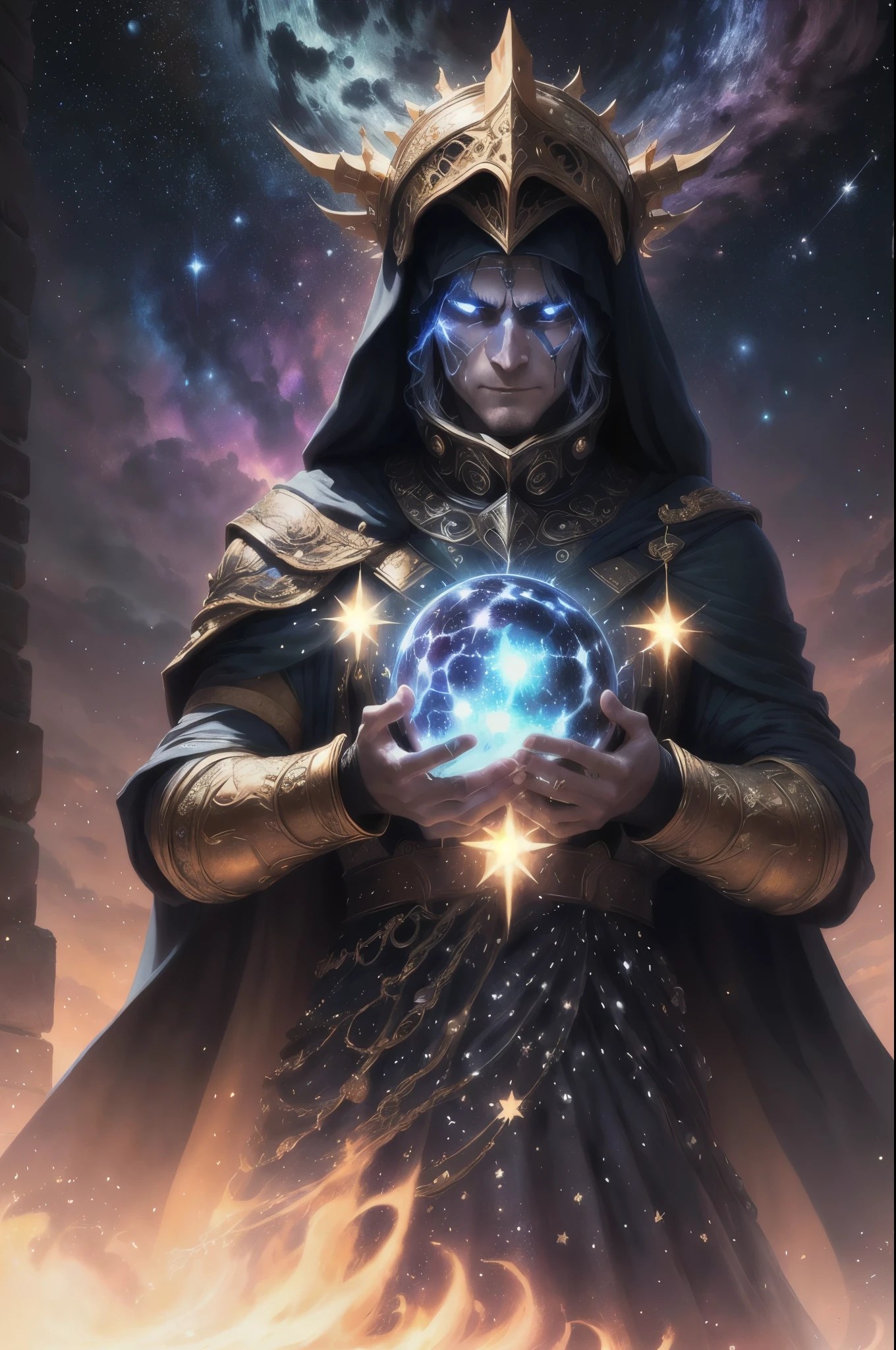 Azathoth is the greatest god, quien gobierna todo el infinito desde su trono en el centro del caos. Its body is made up of all the bright stars in the visible universe., but his face is veiled by darkness.