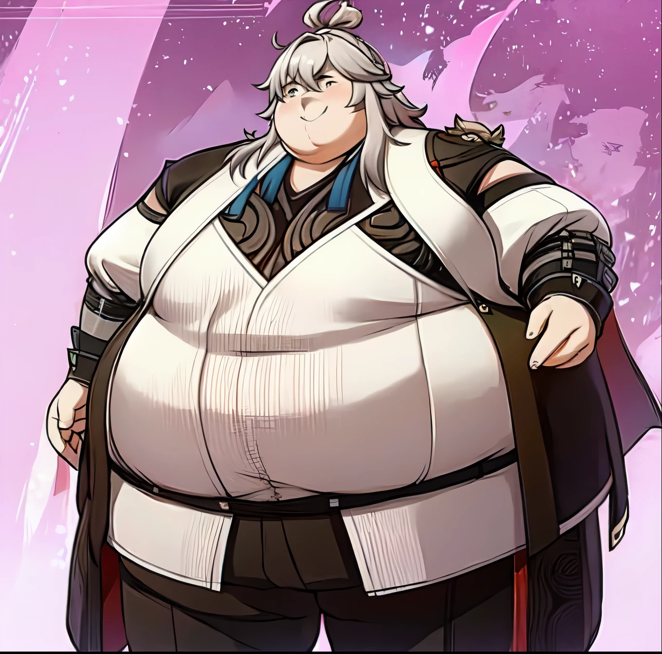 ((1 male solo)),Jing Yuan as a Sumo Wrestler,  ssbbw,gigantic belly,bottom heavy body, Cheeky Expression, Smiling, Surrounded by food ,