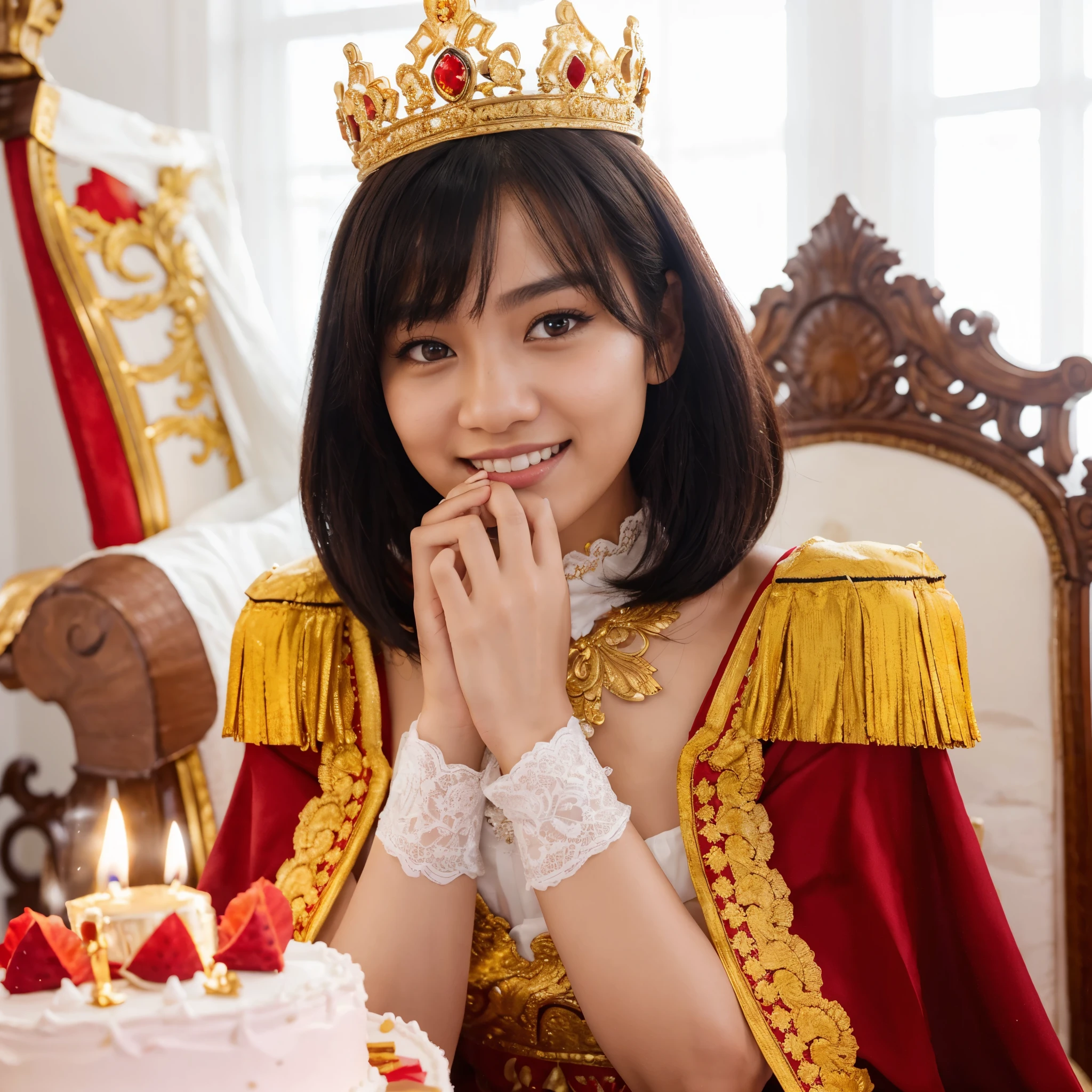 photography. beautiful Indonesian girl, white skin, short black hair, smiling, 18 years old, wearing a gold crown, wearing a red and yellow royal princess dress, both hands covering her mouth, standing, behind her is a royal chair, a front pink birthday cake, the background of the room is white walls, there is a window. morning atmosphere. realistic photography.