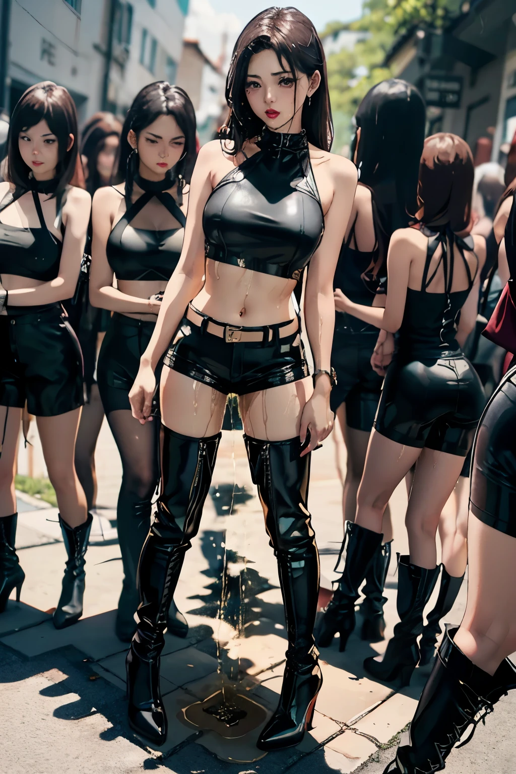 highres, beautiful women, high detail, good lighting, lewd, hentai, (((bike shorts))), (leather halter top), (bare midriff), (cameltoe), (((leather thigh high heel boots))), (wet shorts), (((wetting herself))), (((peeing herself))), (((peeing self))), (pee streaming down legs), peeing stain, (puddle), (thick thighs), nice long legs, lipstick, detailed face, pretty face, humiliated, embarrassed, ((outdoors waiting for bathroom with line of women in queue)), hihelz