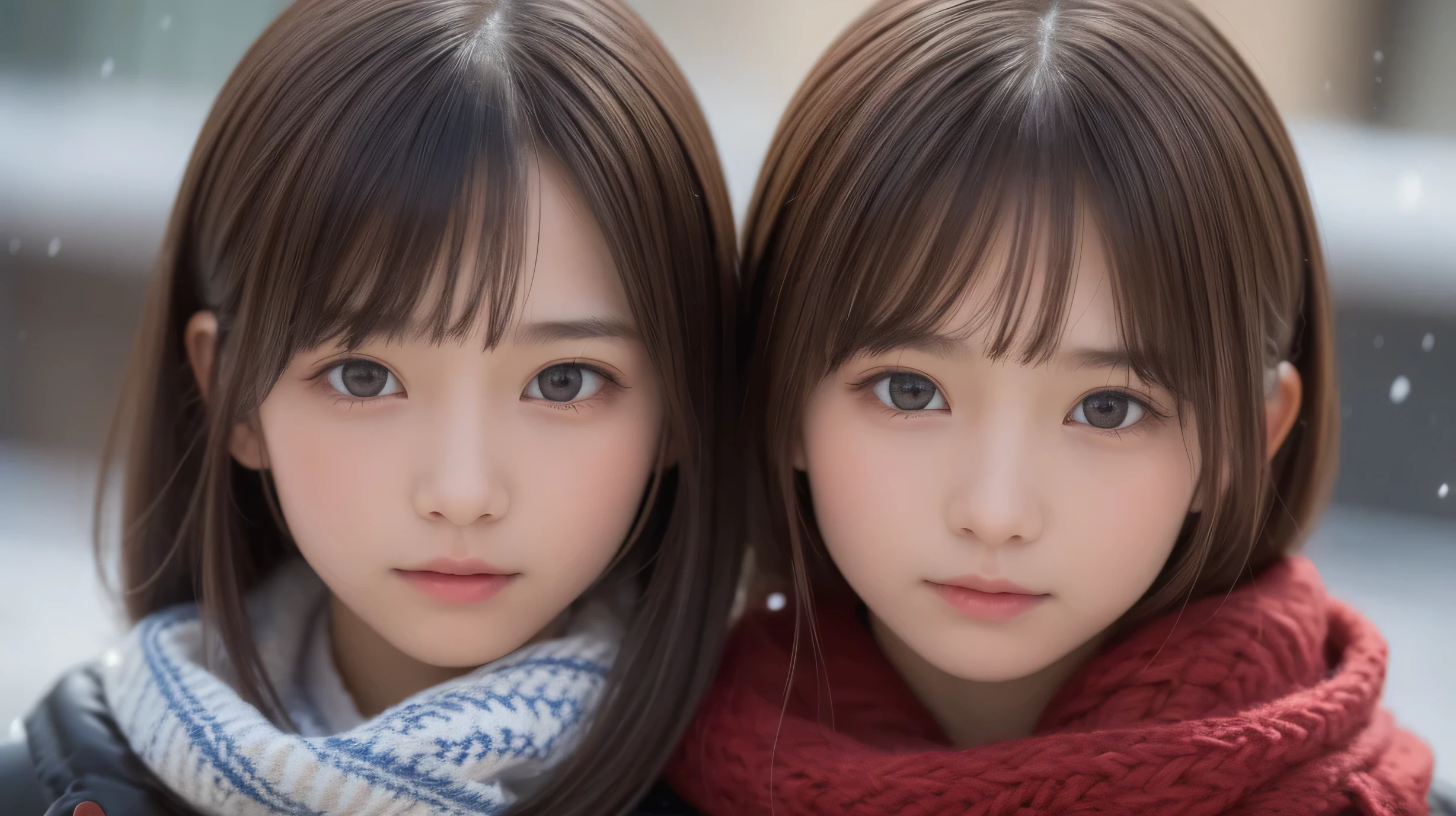 one girl, (a beauty girl, delicate girl:1.3), (10 :1.3),
break, (woolen clothes:1.3),
break, (street view:1.3), (snowing:1.3),
break, very fine eye definition, (symmetrical eyes:1.3),
break, small breasts, brown eyes, parted bangs, brown hair, girl,
break, (eyes and faces with detailed:1.0), (close up to face, zoom in face, face focus:1.0),
break, (masterpiece, best quality, ultra detailed, detailed face, 8k)