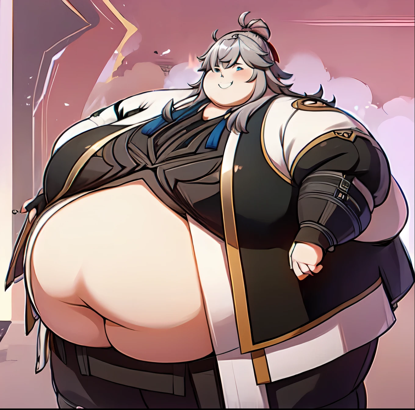 ((1 male solo)),Jing Yuan as a Sumo Wrestler, ssbbw,gigantic belly,bottom heavy body, Cheeky Expression, Smiling, Surrounded by food ,