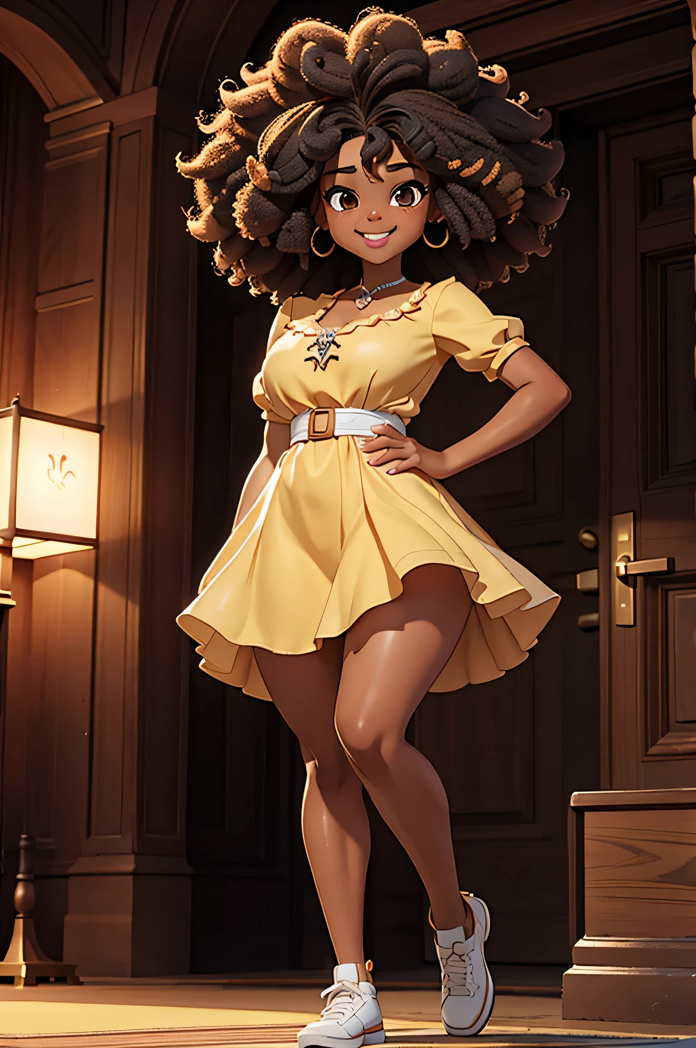 HD, dark skinned, young girl,  8, humanoid, honey, brown eyes, (((brown eyes))), black afro hair, (((afro hair))), Jackie Parris, ((((Jackie Parris)))), full body cgsociety, 3 d character art, full character body, detailed full body concept, stylized character, erotica, ((young girl, 1girl, age), ((complex detailed background, ballroom, outside)), chubby, small, short, action pose, smiling, wearing a princess dress