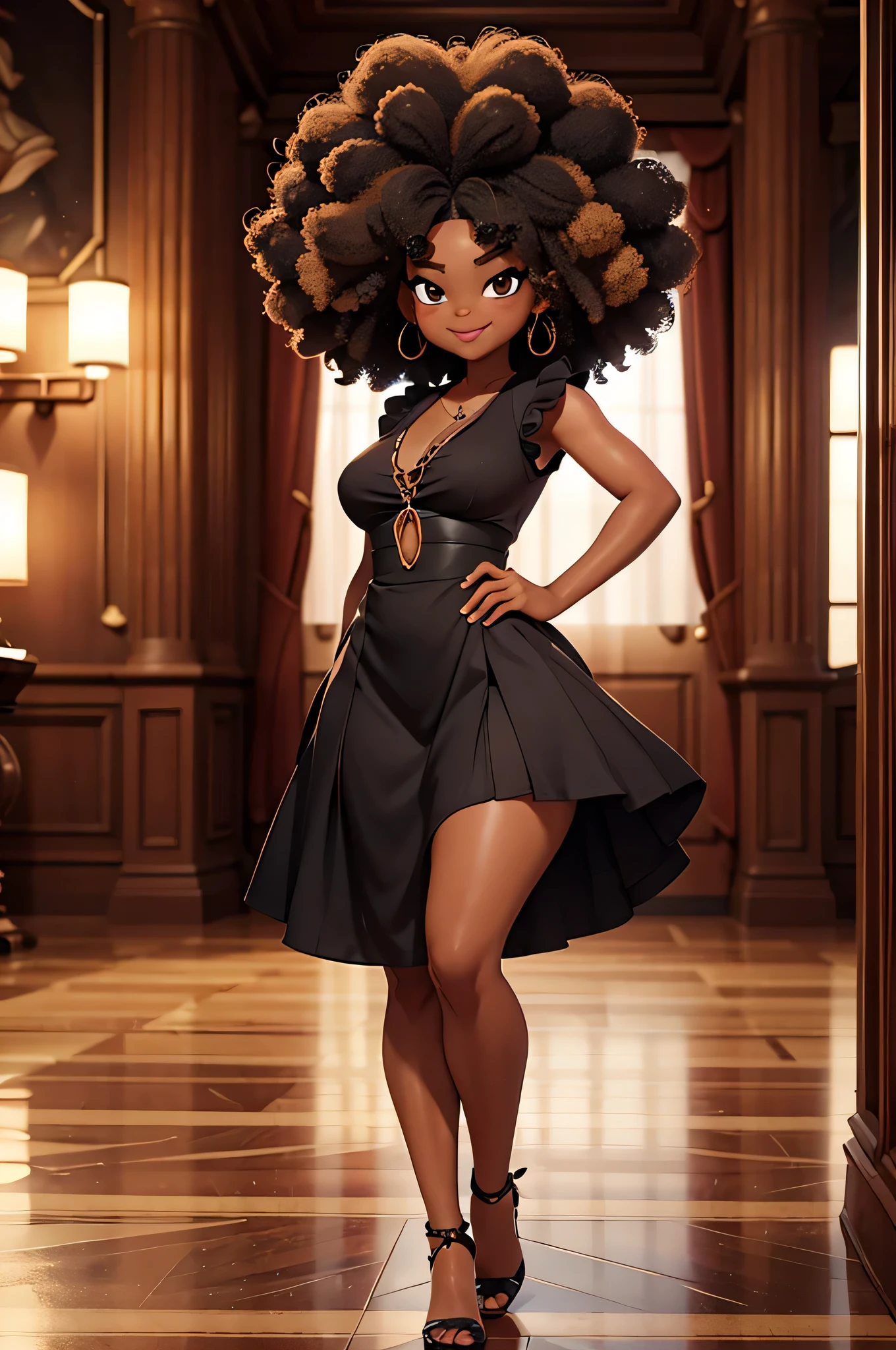 HD, dark skinned, young girl,  8, humanoid, honey, brown eyes, (((brown eyes))), black afro hair, (((afro hair))), Jackie Parris, ((((Jackie Parris)))), full body cgsociety, 3 d character art, full character body, detailed full body concept, stylized character, erotica, ((young girl, 1girl, age), ((complex detailed background, ballroom, outside)), chubby, small, short, action pose, smiling, wearing a princess dress