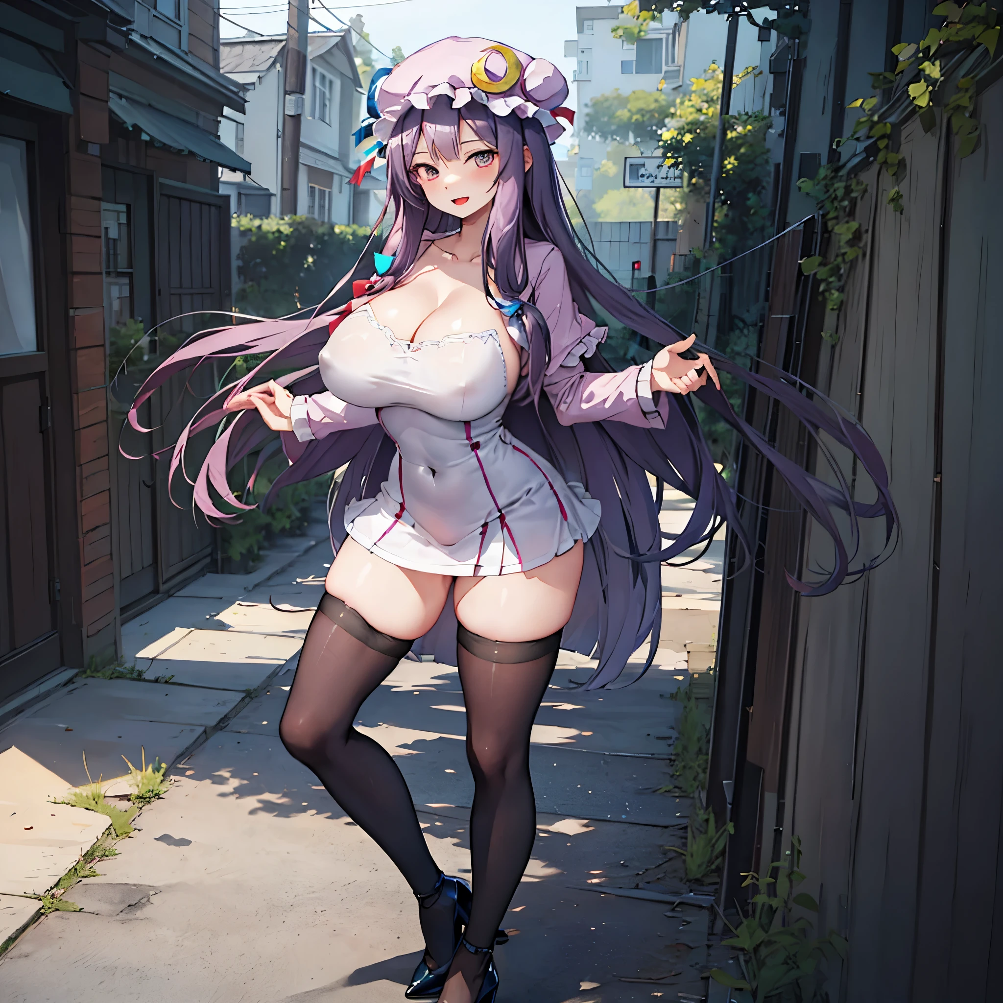 (Patchouli toho character), (standing at lakeside forest), outside, (standing with open legs wide:1.6), (arms behind back), (bending back), tiptoe, pigeon toed, BREAK, (disproportionately gigantic huge breasts:1.2), cleavage, inconceivably thin waist, very short torso, (thin long legs apart:1.23, BREAK, very short miniskirt, thigh gap, (black thighhighs:1.2), highheels, BREAK, smile for viewer, open mouth, nose blush, full body, (pussy juice)