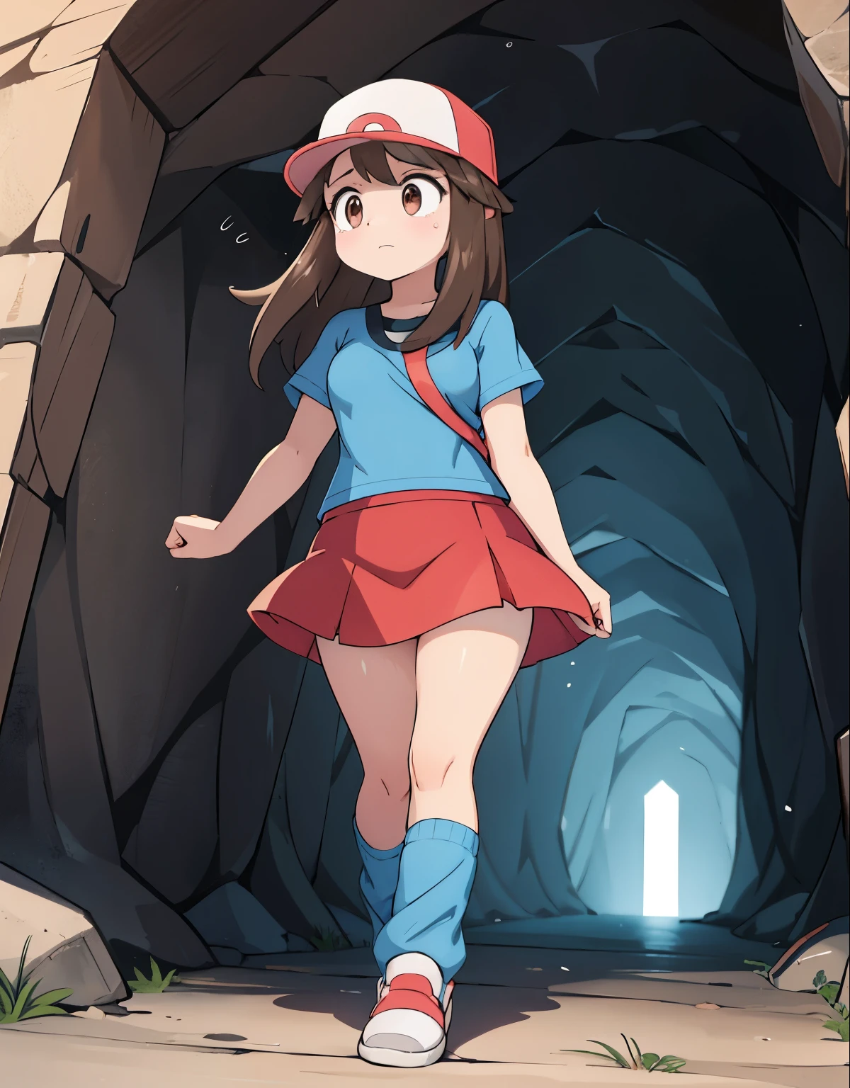 The artwork depicts a pokemon trainer wearing a blue shirt and a red skirt, with visible thighs and chubby thighs. She has beautiful brown eyes filled with fear and anxiety, and tears streaming down her terrified face. Her loose socks and white footwear contrast against the damp cave walls as she walks cautiously through a dark cave. The cave is enveloped in misty fog, adding to the suspenseful atmosphere. Ominous shadows lurk around her, heightening her sense of fear. The artist captures the vulnerability and unease in her body language as she navigates through the eerie environment. The back shot of the trainer amplifies the feeling of vulnerability, emphasizing her exposed and frightened state.