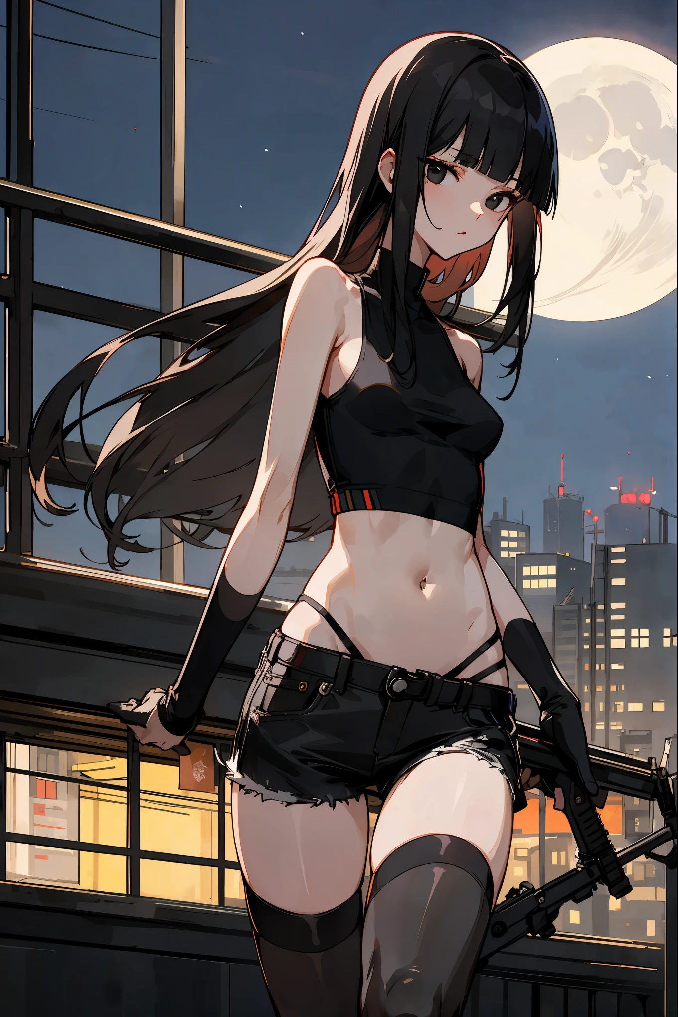 1woman,solo,Perfect Anatomy,20year old beauty、black hair,long hair,blunt bangs,black eyes,slender body, smaller head、ideal ratio body proportions,medium breasts,punk rock fashion、Black tank top、Navel is visible、black leather micro miniskirt、thigh_gap, black_thighhighs,standing,Look into the sight、holding a rifle in hand、precise and accurate rifle、Trade port、warehouses lined up、Warehouse district、Tokyo、at night、moonlight、