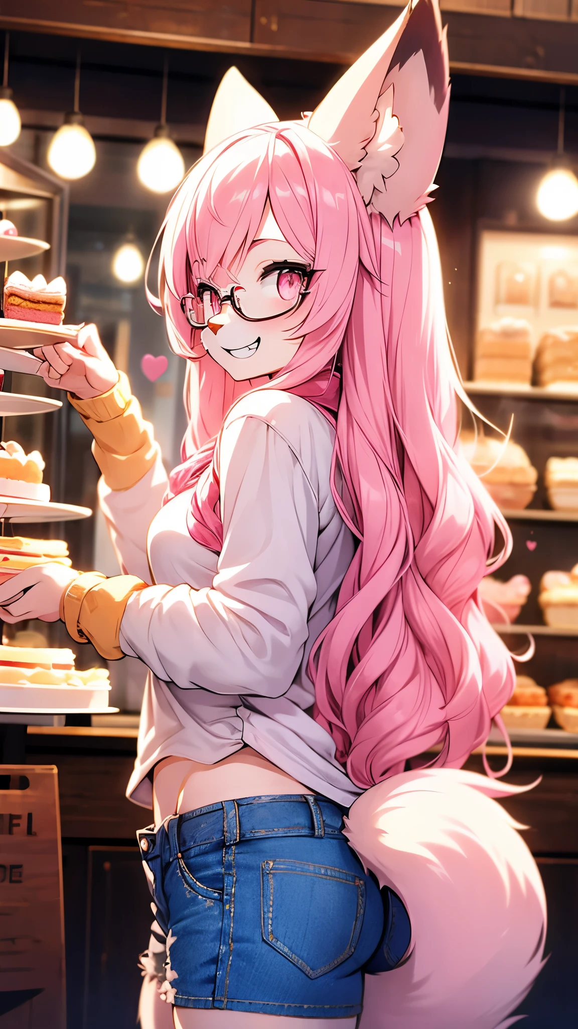 fox girl,female furry,pink long hair,glasses,heart collar,gold arm brecelet,looking at viewer,grin,white shirt,open belly,denim shorts,cake shop,side view