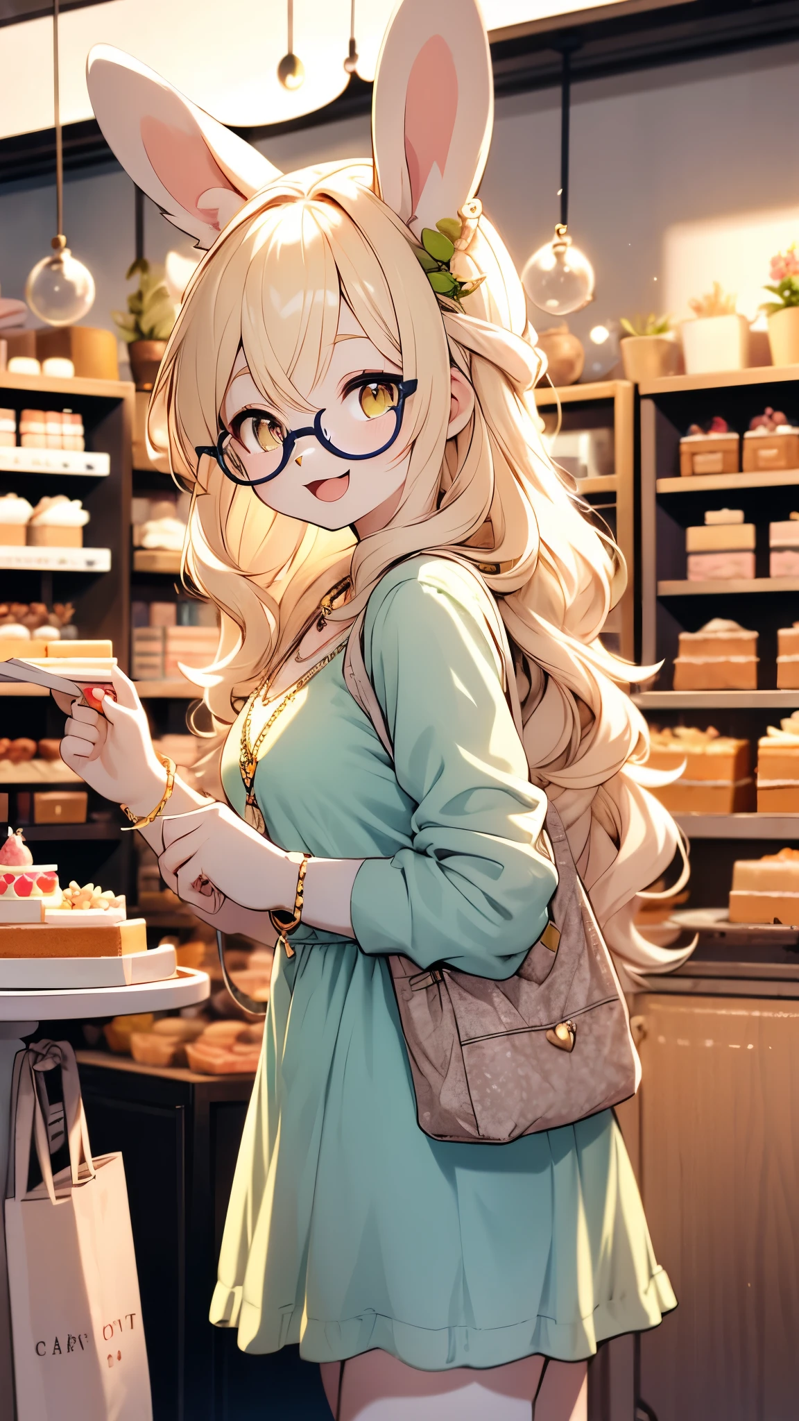 rabbit girl,female furry,yellow long hair,rabbit ears,glasses,necklace,flora hairpin,arm brecelet,looking at viewer,smile,open mouth,short dress,pocket bag,show cleaveage,cake shop,bend forward