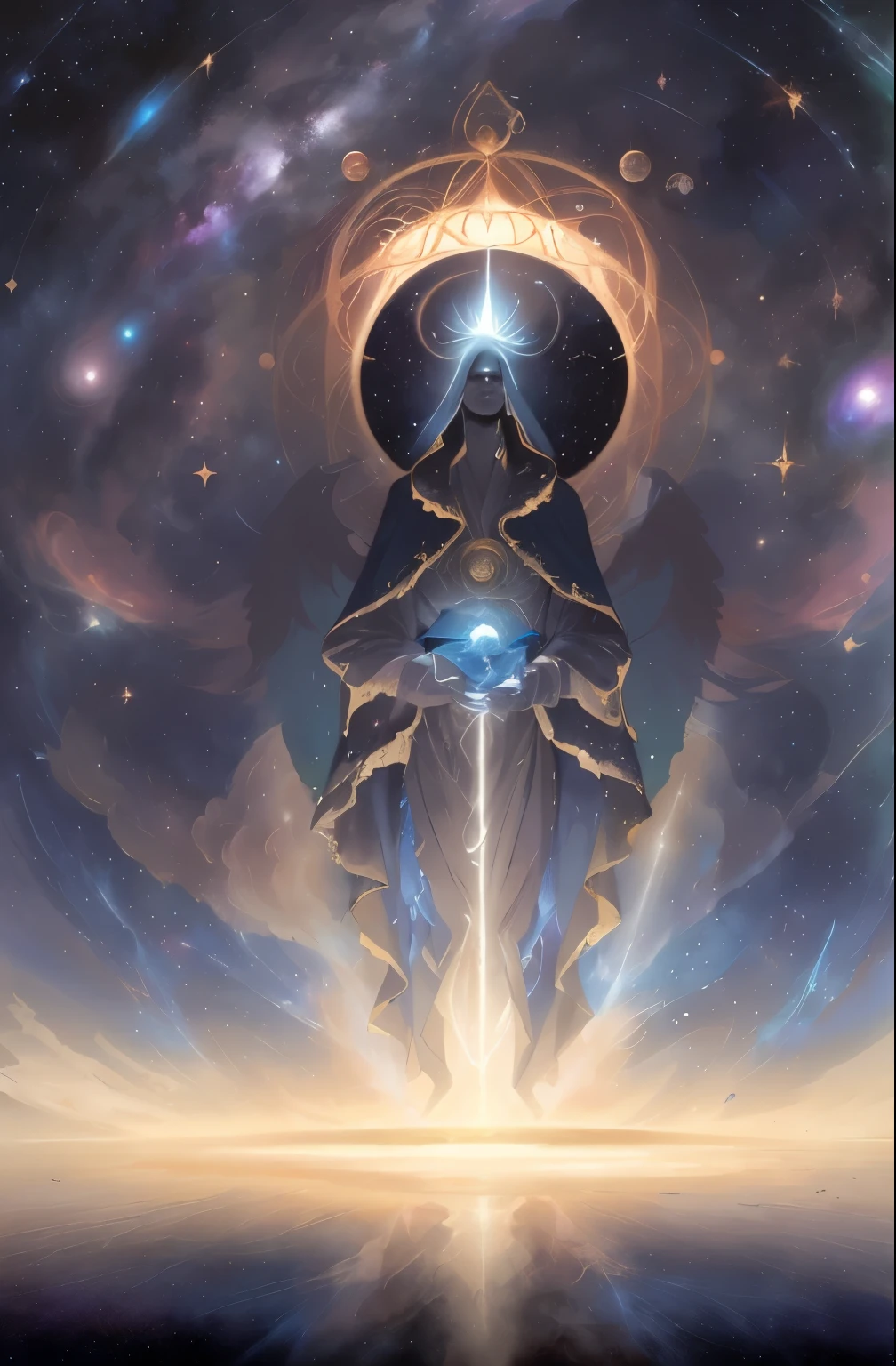 cuadro de un hombre con un halo y una estrella en sus manos, galactic deity, Ethereal astral, estilo peter mohrbacher, mohrbacher, Peter Mohrapcher'', artistic style of peter mohrbacher, peter mohrbacher c 2 0, Peter Mohrapcher muy detallado, apariencia astral, in the art style of mohrbacher, Cosmic Entity