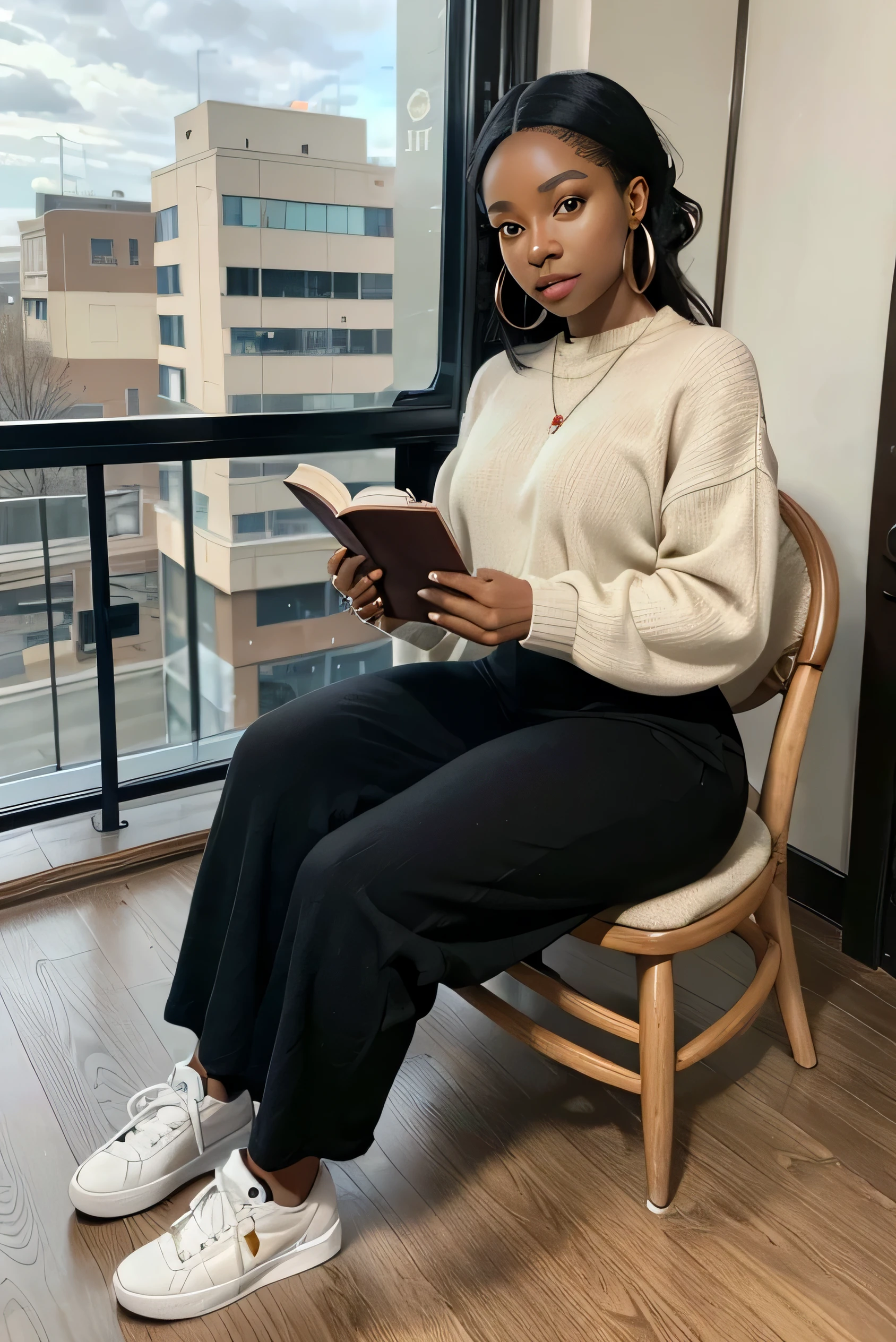 uma mulher nigeriana, com pele preta amarelada, olhos castanhos, Cabelo preto, large beige hoop sweater, and baggy pants, unhas pretas, orelhas furadas e uma argola, White sneakers, ElA is holding a book, Dynamic Posture, coffee scene