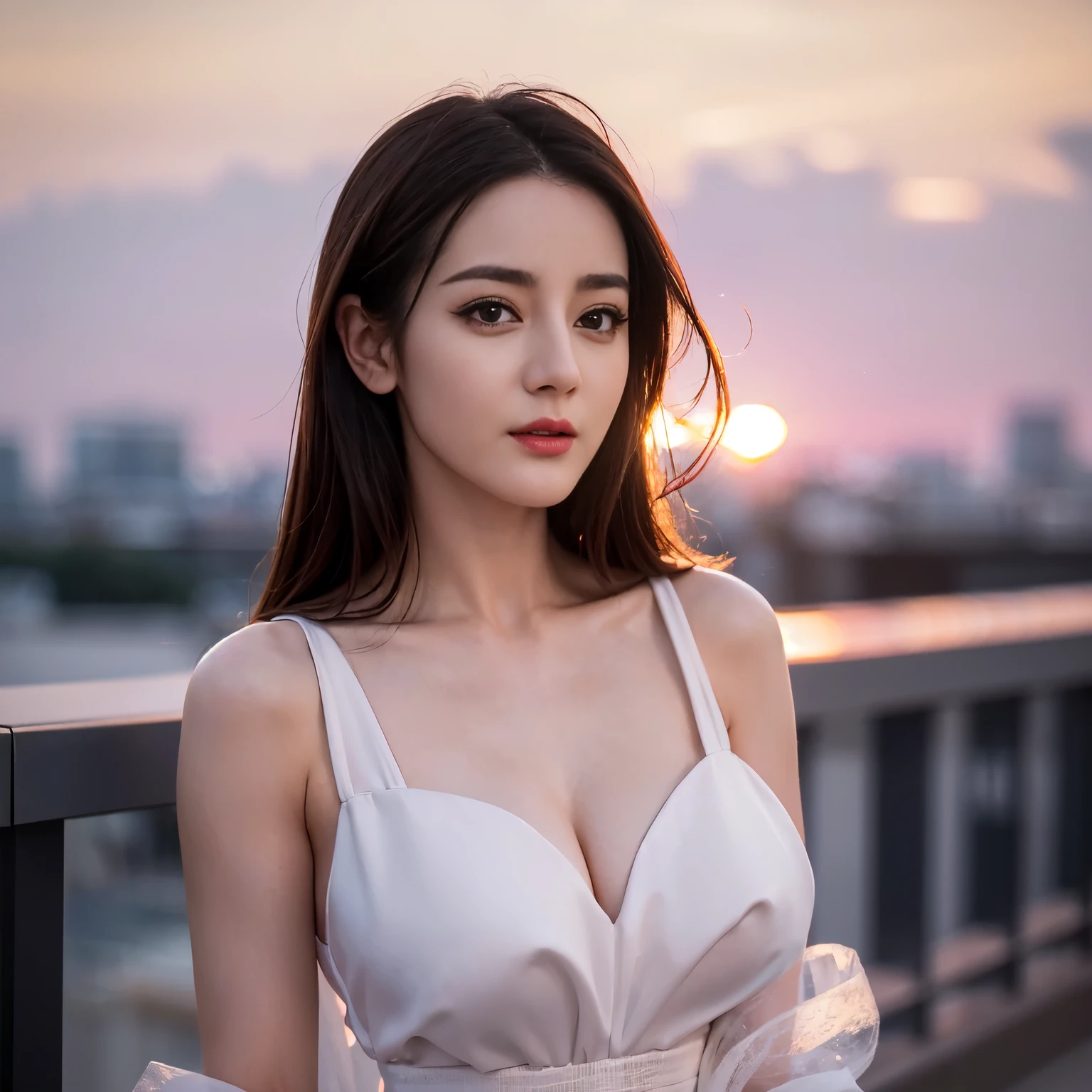 ((top quality、8k、Masterpiece:1.3))、Extremely delicate and beautiful girl,realistically,Extremely ridiculous,Abstractionism,full-body shot,catch,Extra detailed body,Port wind,,flowing hair,light brown hair,viton hair,beautiful fine hair,Exquisite and beautiful face,Smile,clear eyes, black eyes,nice skirt,beautiful clear background,beautiful sky,bloom,very precise details,absurd,very CG,((A sexy mature girl:1.5))、thick lips、deep red lip gloss、eye makeup、((40 years:1.5))、purple sunset sky,huge breasts,Larger breasts,amazing breast size,Extensive exposure,More nudity