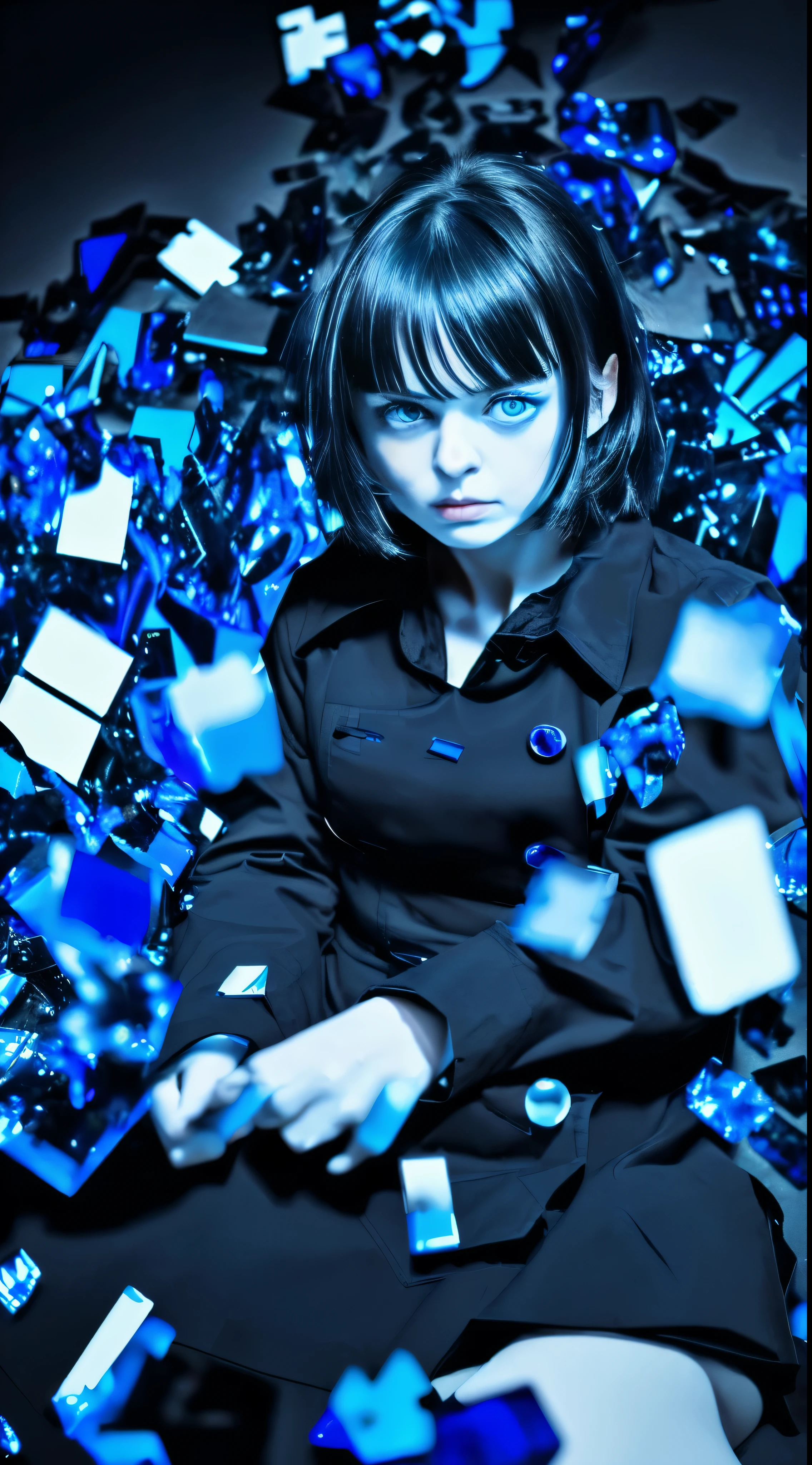 (best quality, masterpiece),(1girl, trench coat,expression face, blue eyes, looking at viewer, black hair, closed mouth, dress shirt, black skirt, hand at viewer), (less blue light, swrling many blue glass pieces behind, floating objects, night sky)