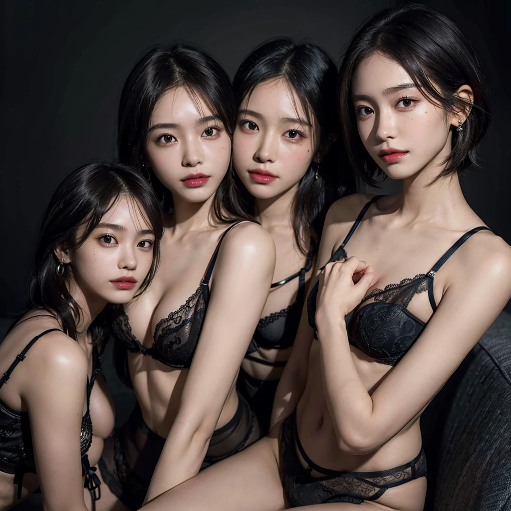 absurdres, RAW photo, extremely delicate and beautiful, masterpiece, Best Quality, ultra high resolution, 16k, hyperrealistic, ultra-detailed, Very detailed CG 8k wallpaper, Beautiful Lighting, Perfect Lightning, Realistic Shadows, perfect anatomy, super Detailed skin, perfect figure, Filipina , 18 years old, very Slim body, narrow waist, very small head, handsome detailed woman, very detailed eyes and face, realistic face proportions, Stunning detailed eyes, Realistic beautiful face, very small face, Realistic small beautiful eyes, double eyelids, makeup, tearful mole, mole on chest, earring, bare legs, beautiful and very thin legs, beautiful and very thin thighs, (((small perky breasts))), short hair, no styling, sweat, (full body shot), (((((3 girls))))), (((lingerie))), sleeveless, bare arms, bare legs, tight-fitting, midriff peek,
