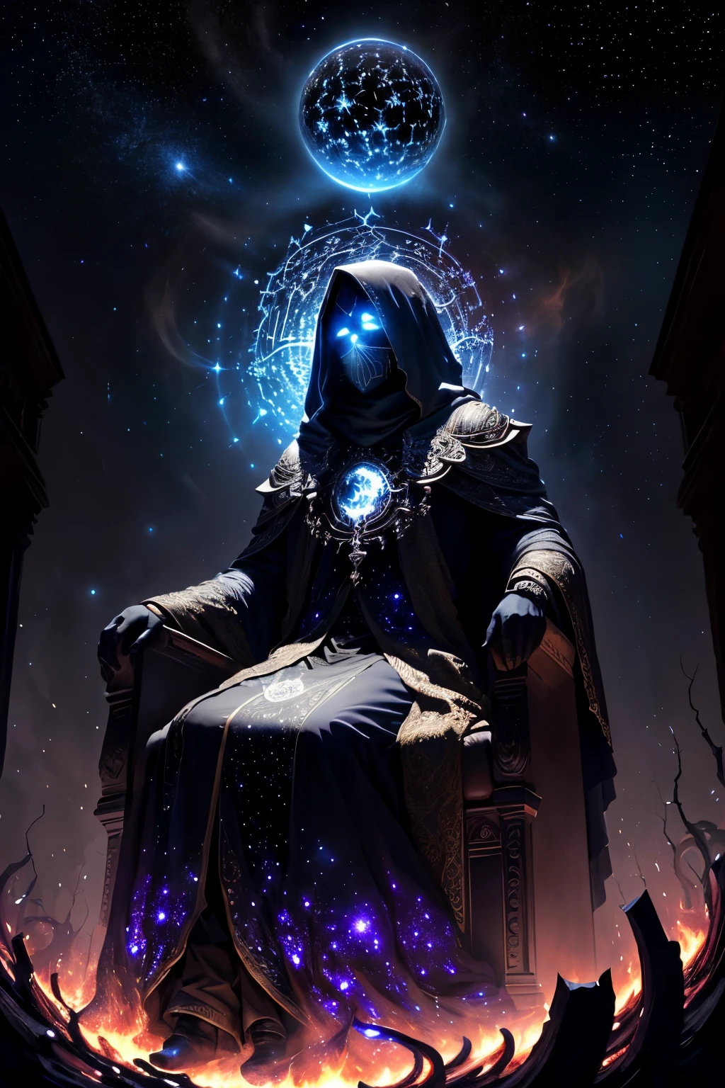 Azathoth is the greatest god, quien gobierna todo el infinito desde su trono en el centro del caos. Its body is made up of all the bright stars in the visible universe., but his face is veiled by darkness.