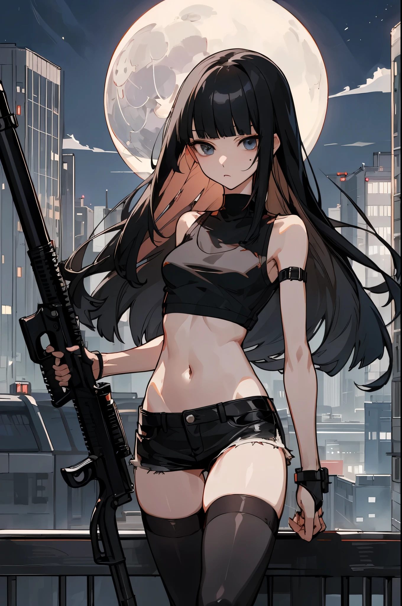 1woman,solo,Perfect Anatomy,20year old beauty、black hair,long hair,blunt bangs,black eyes,slender body, smaller head、ideal ratio body proportions,medium breasts,punk rock fashion、Black tank top、Navel is visible、black leather micro miniskirt、thigh_gap, black_thighhighs,standing,Holding a handgun in your hand、precise and accurate handgun、Trade port、warehouses lined up、Warehouse district、Tokyo、at night、moonlight、