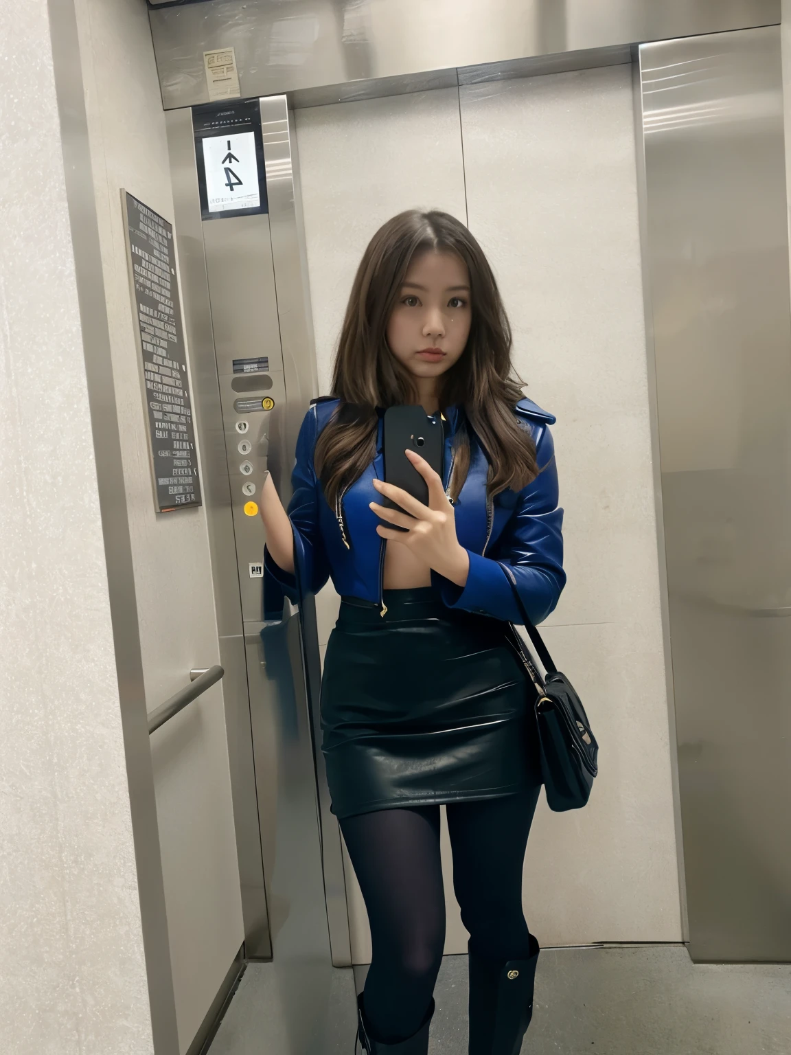 inside the elevator,selfie,OL,dark blue coat,Black leather tight mini skirt