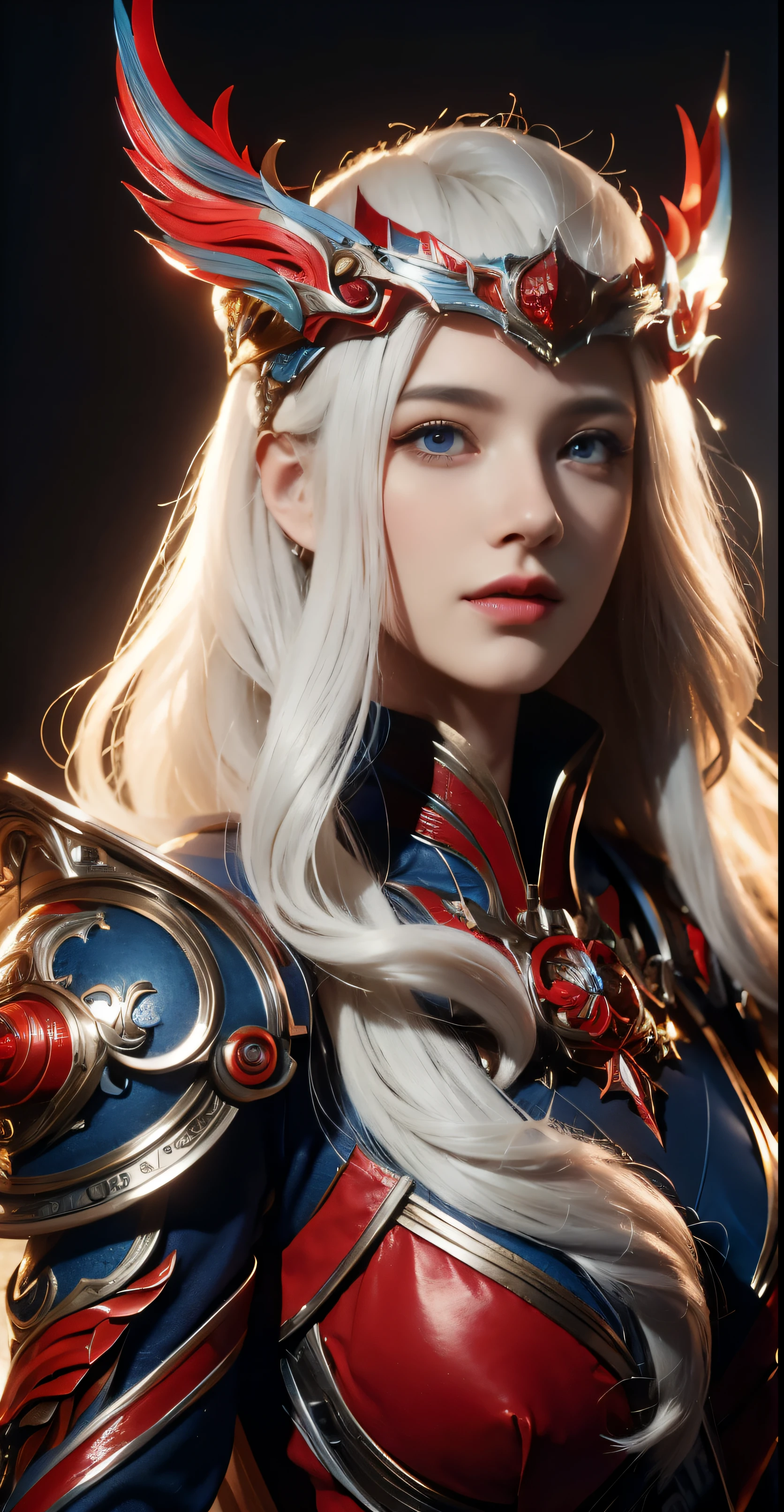 Portrait of a beautiful girl with wavy white hair, 17 year old, wearing a formal red dress with metal blue parts, blue eyes, hall of castle the background, digital painting, dark colors, 8k, complex details, vintage, retro futuristic style, sharp focus on the center, pastel colors, art station, (sci-fi, future, future theme), (facial expression looking with disdain), (detailed illustration) , super huge breast