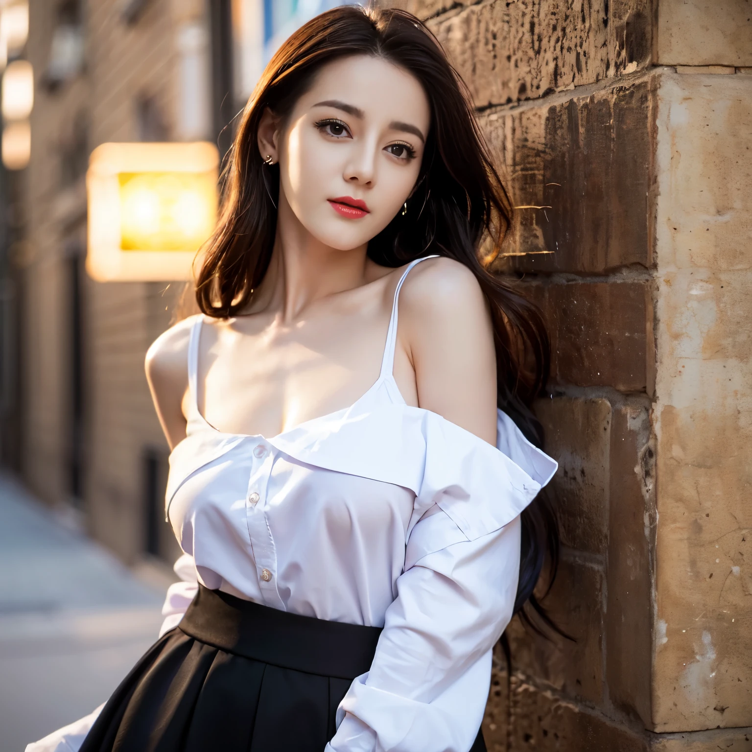 ((top quality、8k、Masterpiece:1.3))、Extremely delicate and beautiful girl,realistically,Extremely ridiculous,Abstractionism,full-body shot,catch,Extra detailed body,Port wind,,flowing hair,light brown hair,viton hair,beautiful fine hair,Exquisite and beautiful face,Smile,clear eyes, black eyes,nice skirt,beautiful clear background,beautiful sky,bloom,very precise details,absurd,very CG,((A sexy mature girl:1.5))、thick lips、deep red lip gloss、eye makeup、((40 years:1.5))、purple sunset sky,huge breasts,Larger breasts,amazing breast size,Extensive exposure,More nudity