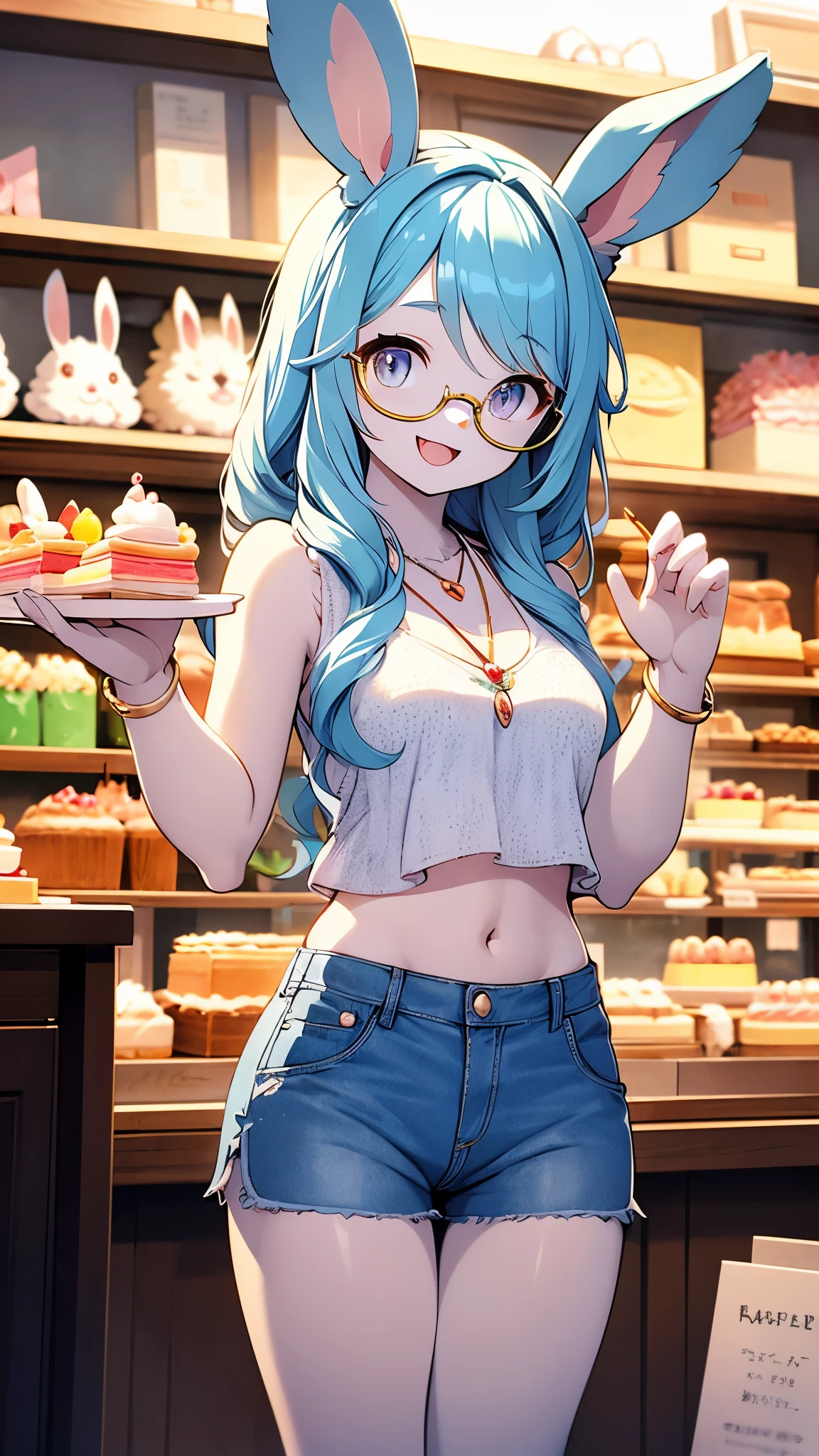 rabbit girl,female furry,blue long hair,rabbit ears,glasses,necklace,flora hairpin,arm brecelet,looking at viewer,smile,open mouth,denim shorts,white camisole,open belly,cake shop,
