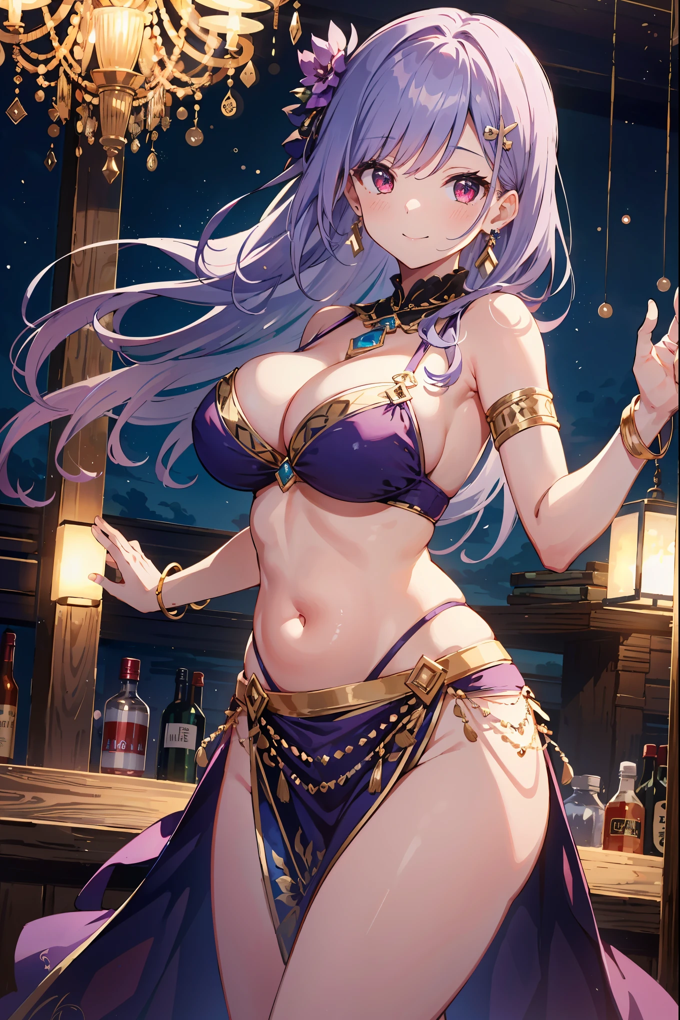 high quality, ultra detailed, best quality, insanely detailed, beautiful, masterpiece, 1girl, belly dancer, bar, cowboy shot, red eyes, long hair, light purple hair, harem outfit, bikini, pelvic curtain, purple costume, bare legs, hair ornament, earrings, armlet, bracelet, bashful smile, dancing, large breasts, cleavage, soft stomach