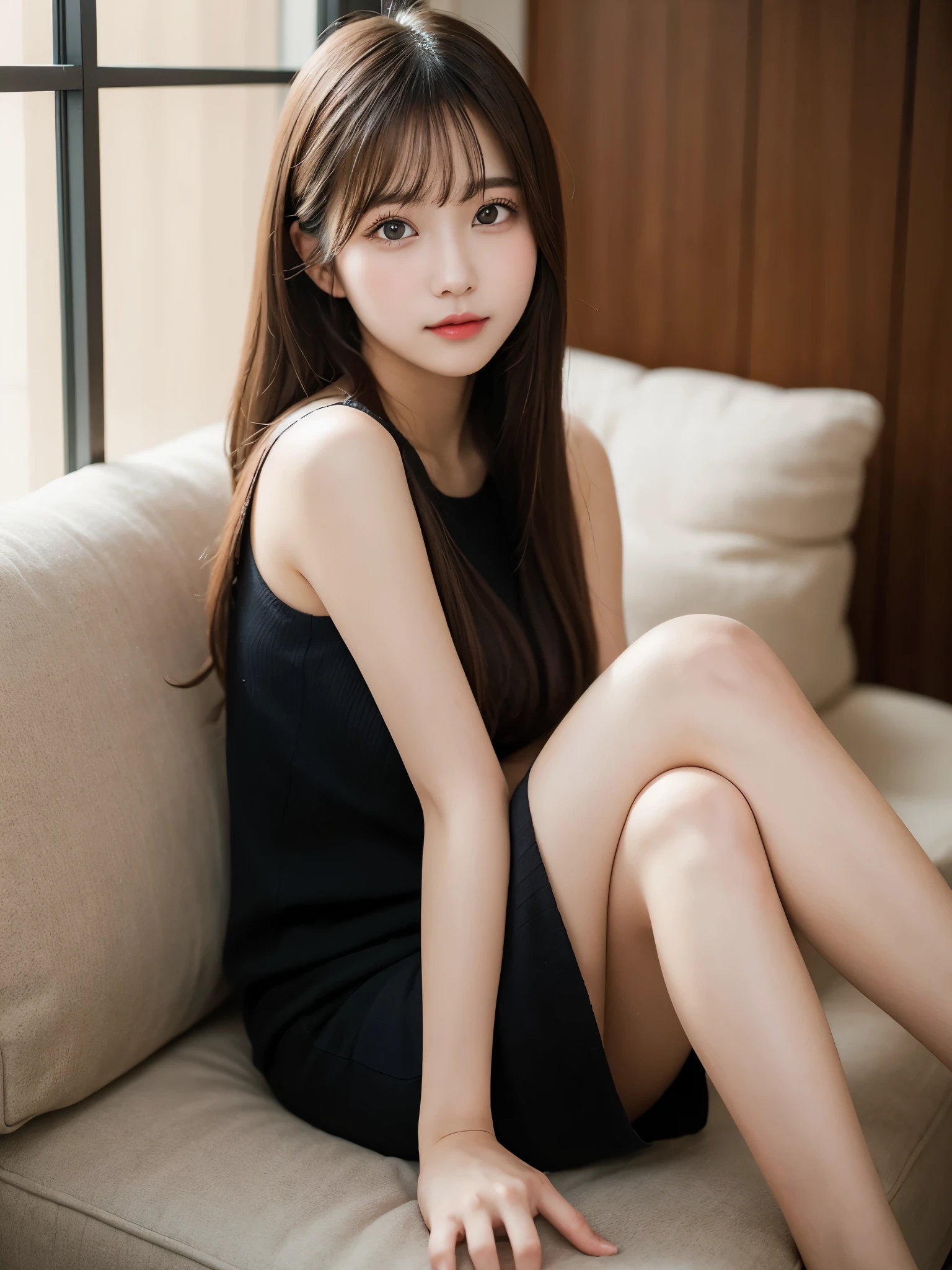 table top, highest quality, figure, super detailed, finely, High resolution, 8k wallpaper, 完璧なダイナミックな構figure, beautiful and fine eyes, 1 girl,sitting on a cozy sofa,cross your legs,soft light,20 year old girl、cute、sexy shot looking at camera、blur the background