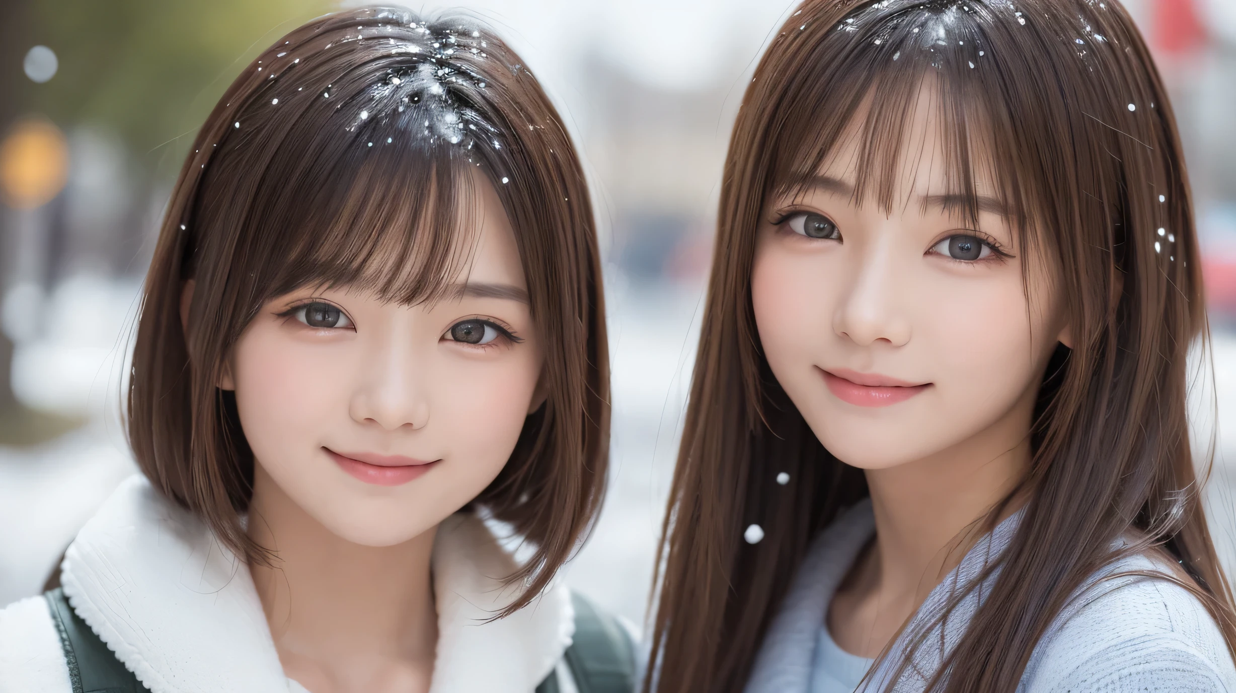 girl1人、(beautiful girl、華奢なgirl:1.3)、(10 years old:1.3)、 break、(wool clothes:1.3)、 break, (Street view:1.3), (snowfall:1.3), break、very fine definition、(symmetrical eyes:1.3)、 break、small breasts、brown eyes、Parted bangs、brown hair、girl、 break, (Eye and face details:1.0)、(close up on face、zoom in on the face、face focus:1.0)、 break、(masterpiece、highest quality、Super detailed、detailed face、8K)、smile、