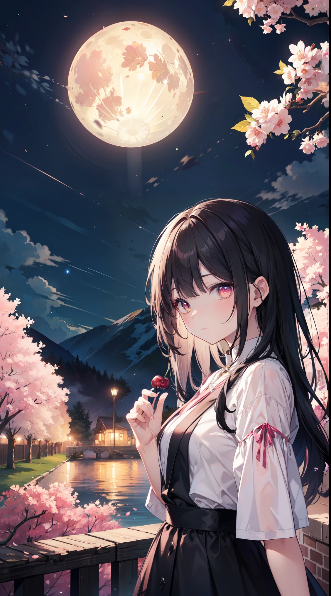 master piece, best quality, night, Mont, full moon, long black hair, dear, glow worm, star, Mysterious cherry tree, Pink leaves, high quality, beautiful graphics, high details