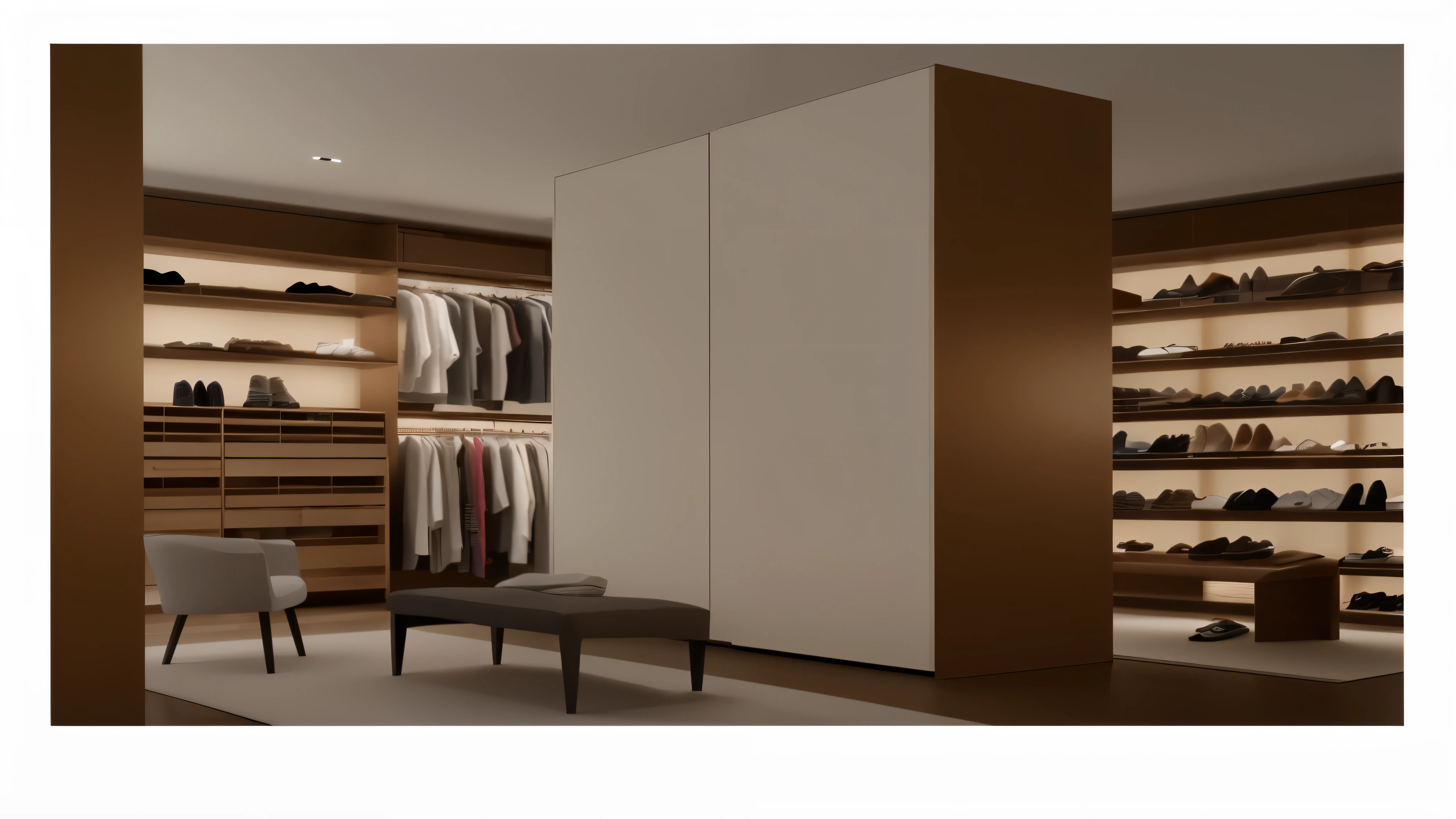 Arafad wardrobe with bench and shoe rack, elegant wardrobe, Elegant futuristic wardrobe, Product renderings, morning Light, cinematic accent Light, 3D ios room photos, rendered Light, 3D products, 3 d Product renderings, minimally modern, with photorealistic Light, conceptual, Light, brown atmospheric Light, architectural visualization, detailed architectural visualization render