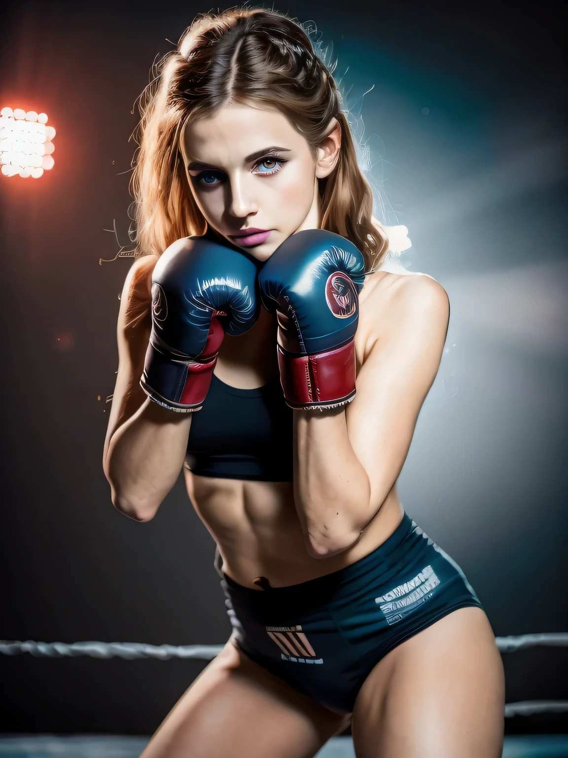 Retrato de uma jovem linda de 25 anos brava, nervosa, bad girl, petit teen, Serious, malvada, brava, irritada, cara de mau, bela brasileira, in fighting position, boxing gloves on hands, hands at chin height, she stretches her hand high, bunda grande perfeita, nua, coxas grossas e fortes, with braided hair beautiful eyes, olhos azuis brilhantes,  pele extremamente detalhada, pele com ferimentos, bota de salto alto brilhante, calcinha transparente, usando top curta brilhante, em sala fechada, Parede com ladrilhos de metal preto, (discoteca escura, luz escura e mal-humorada: 1.2), (foto de corpo inteiro).