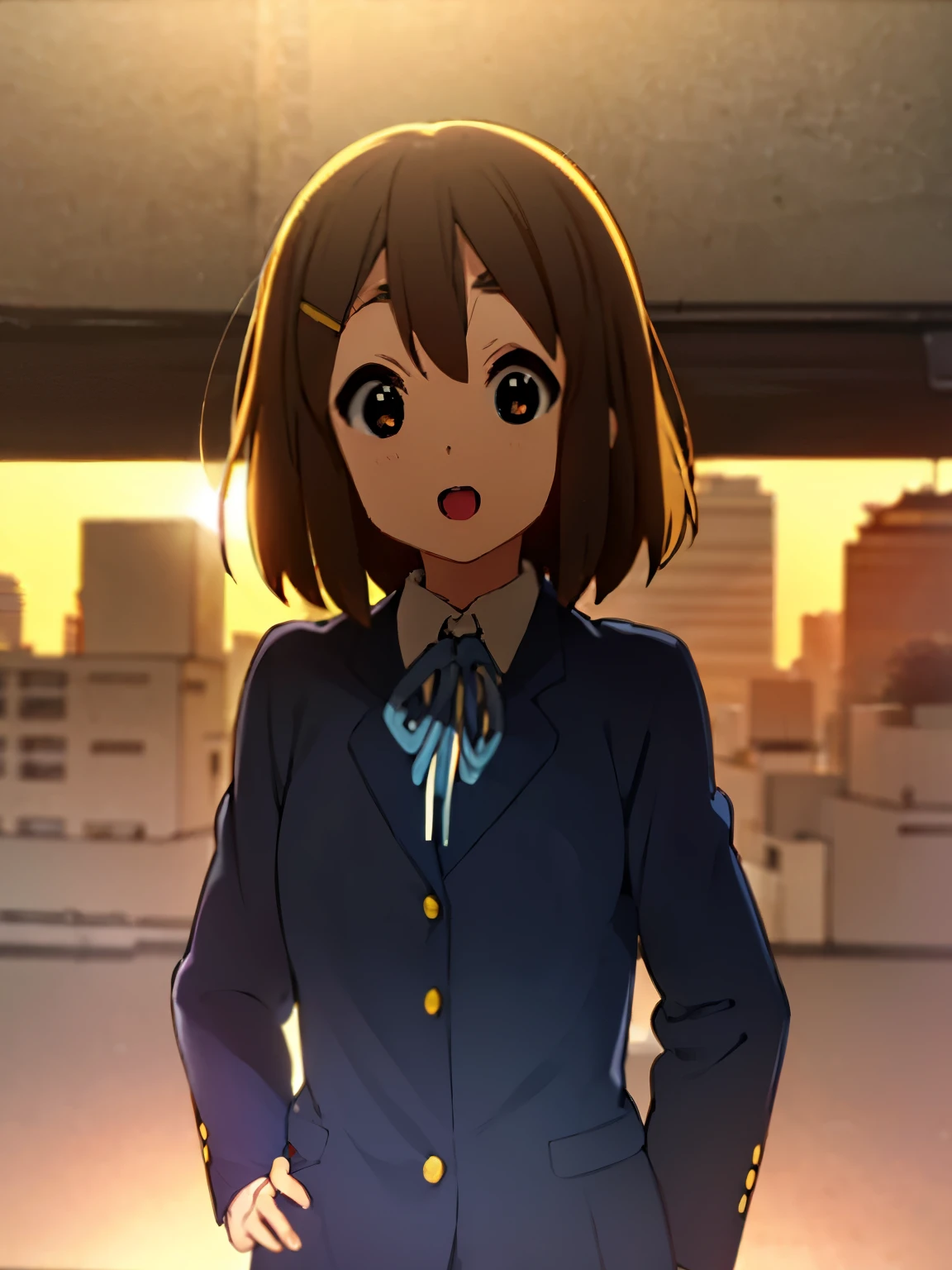 1girl, (((masterpiece))), top-quality, top-quality, High Details, hirasawa yui, 1girl, Sakuragaoka High School Uniform, student clothes, Twin-yellow hairpin, short hair, A brown-haired, brown-eyed, 独奏, reddish, Dark blue blazer with thin blue ribbon, Solid white buttoned shirt under blazer, illustratio, comic strip, soothing tones, Subdued Color, Soft cinematic light, adobe lightroom, photolab, HDR, intricately and hyper-detailed、(((depth of fields))))。(((masterpiece)))。(((top-quality))).)((ultra-detailliert)))。(((illustratio)))。(((takeout))).dynamic focus.big breasts.(((Skyscrapers))).(((A city scape))).(((Face of happy))). open mouth.(((put hands on the hip))).(((up chest))).((morning glow)).((the setting sun)).