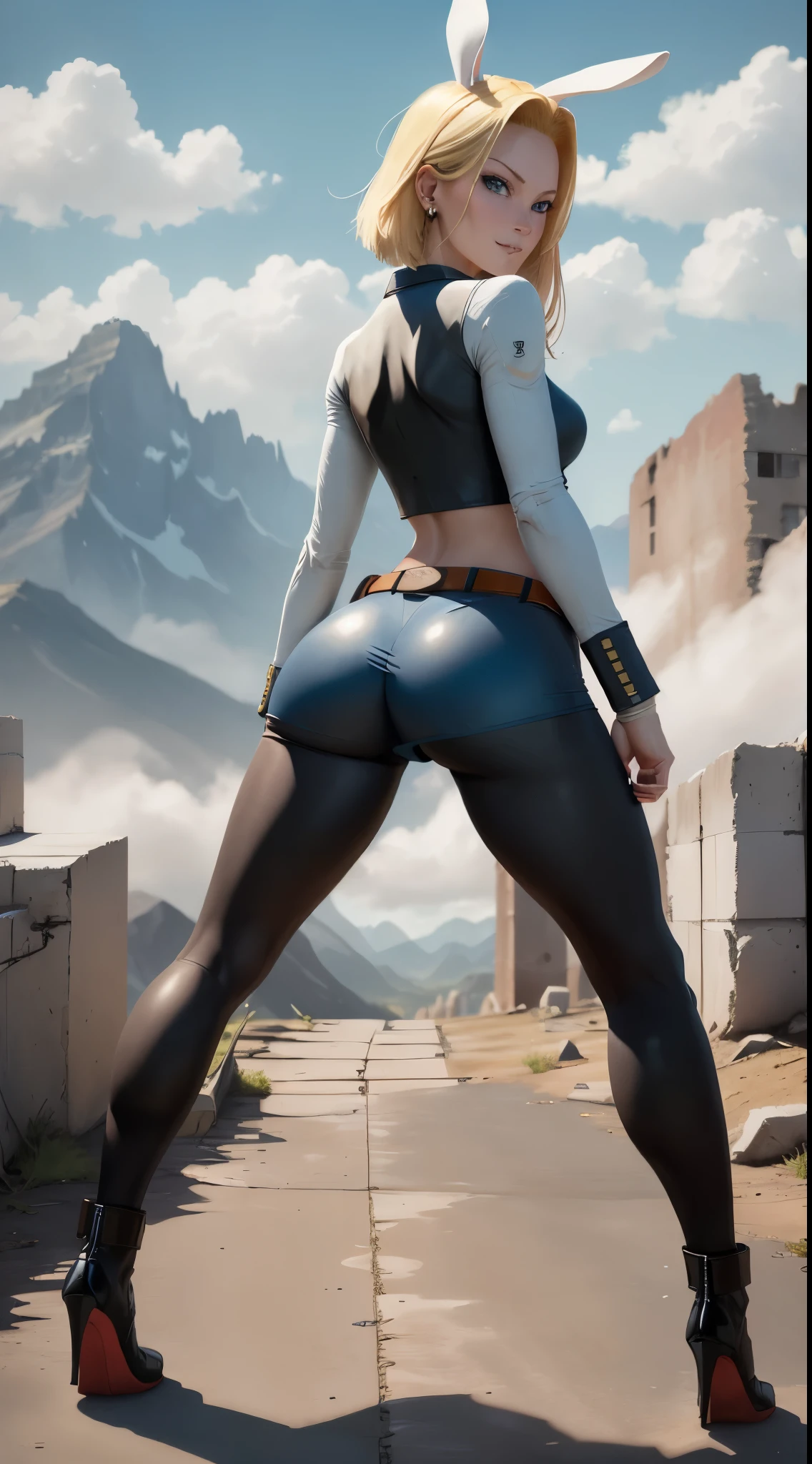 best quality, highres, and18, 1girl, android 18, solo girl, 1girl, blonde hair, blue eyes, white belt, red high heels, black bunny suit, bunny necklace, bunny ears, bunny tail, short hair, long, earrings, medium breasts, cowboy shot, mountains, straight-on, (weather: windy), sexy smile, combat stance, full length pantyhose, battle ruins, wide hips, thick legs, closed fists, view from behind,