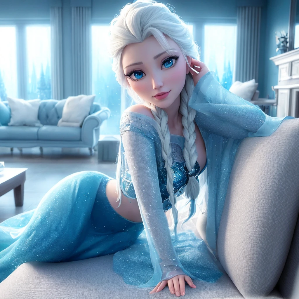 Congeladas princess sitting on a couch in a living room, beautiful Elsa, Elsa Congeladas, Elsa, Elsa from Congeladas, Congeladas ii movie still, Congeladas like a statue, filme animado, 8k)), filme animado, rainha de gelo, Congeladas, frio como gelo! 🧊, Congeladas ii klaus film, portrait of Elsa of arendelle, 3 d filme animado