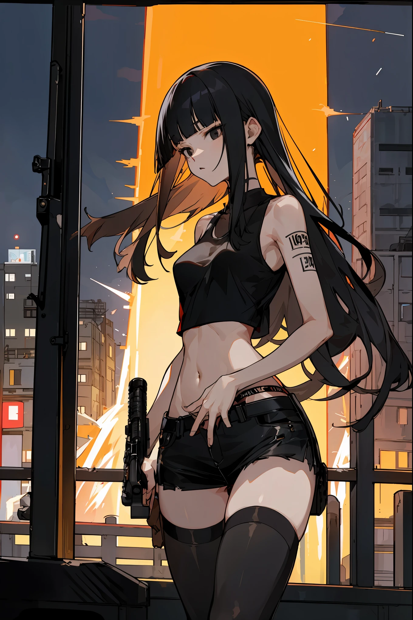 1woman,solo,Perfect Anatomy,20year old beauty、black hair,long hair,blunt bangs,black eyes,slender body, smaller head、ideal ratio body proportions,medium breasts,punk rock fashion、Black tank top、Navel is visible、black leather micro miniskirt、thigh_gap, black_thighhighs,standing,shooting、Look into the sight、holding a rifle in hand、explosion from gun muzzle,precise and accurate rifle、Trade port、warehouses lined up、Warehouse district、Tokyo、at night、moonlight、