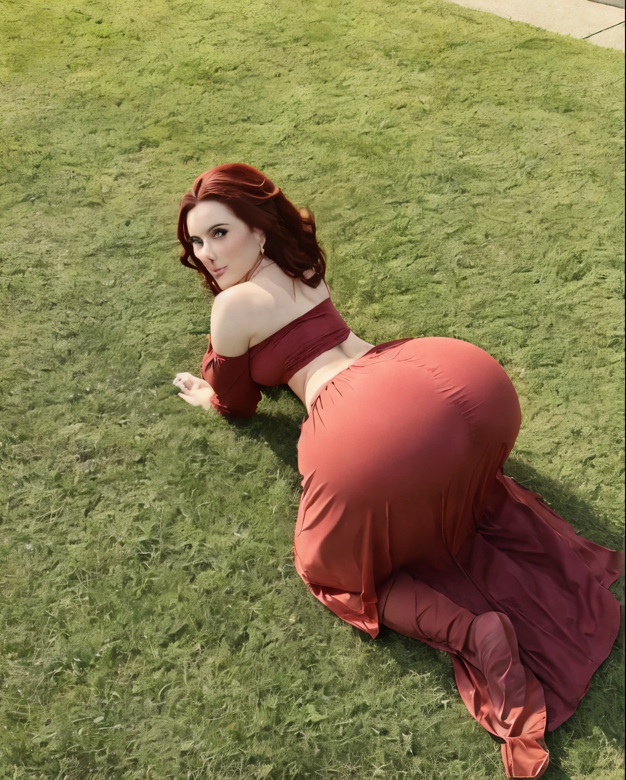 arafed woman in a red dress laying on the grass, amouranth, better known as amouranth, thicc, angelawhite, big booty, 🐎🍑, lorena avarez, pawg, sexy pose, laying down, wide hips, laying on the ground, widest hips, outside on the ground, ava max, sexy girl